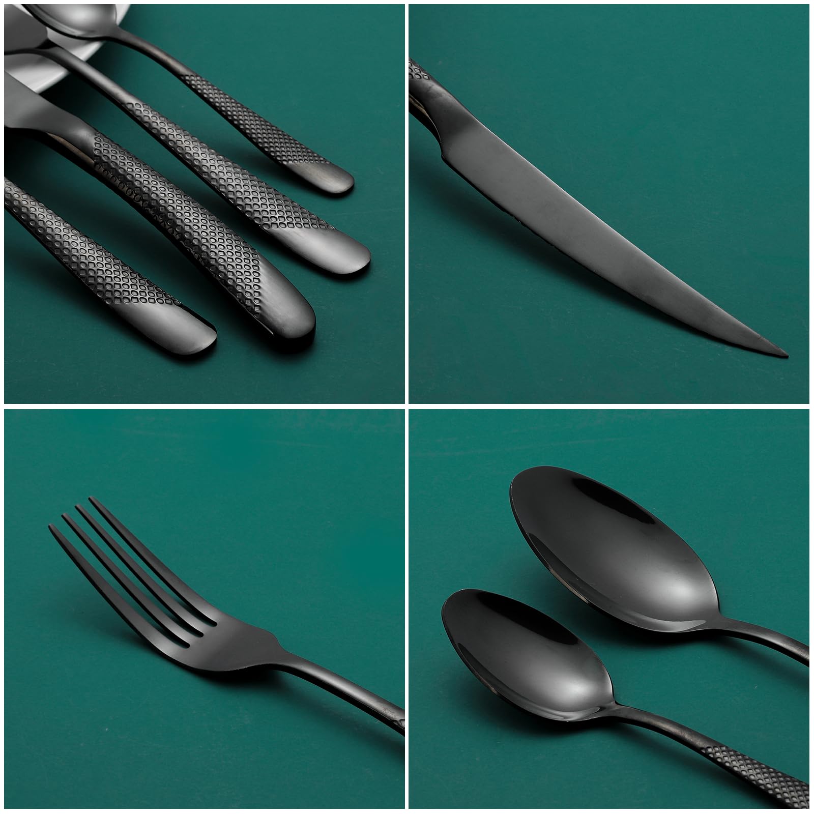 Set di posate martellate da 24 pezzi, posate in acciaio inox 18/10, set di posate per 6 persone, set di forchette cucchiai coltelli (Nero)