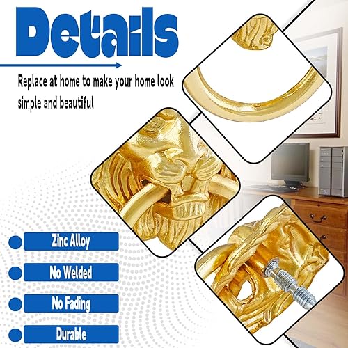 Miniatura 4 de 5 tiradores de gabinete con cabeza de león, tiradores de anillo para cajón para armario, cocina, armario, color dorado