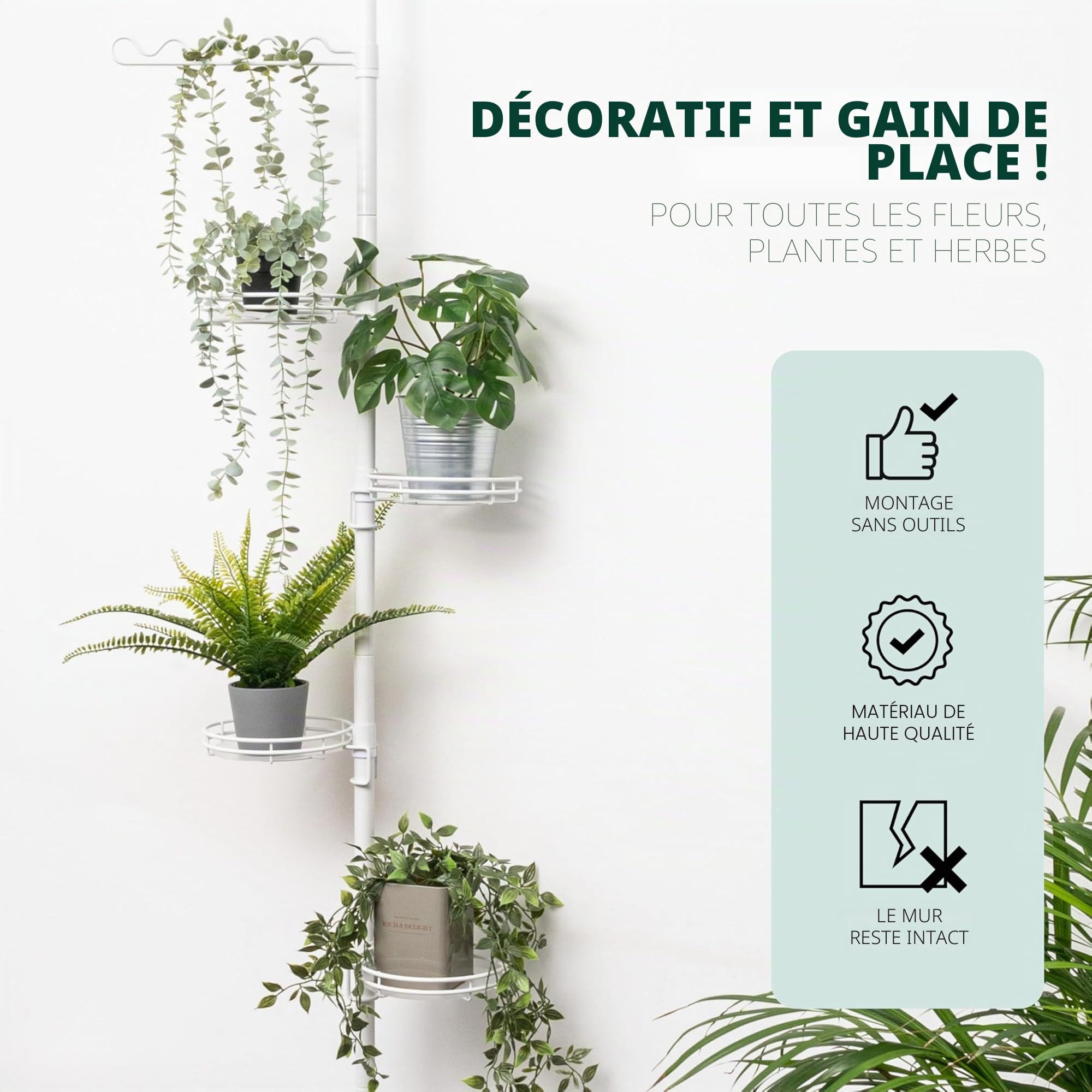 bremermann Étagère à Fleurs télescopique avec 4 Plateaux et tuteur - Colonne à Fleurs avec Hauteur d'installation de 140 à 290 cm (Blanc)