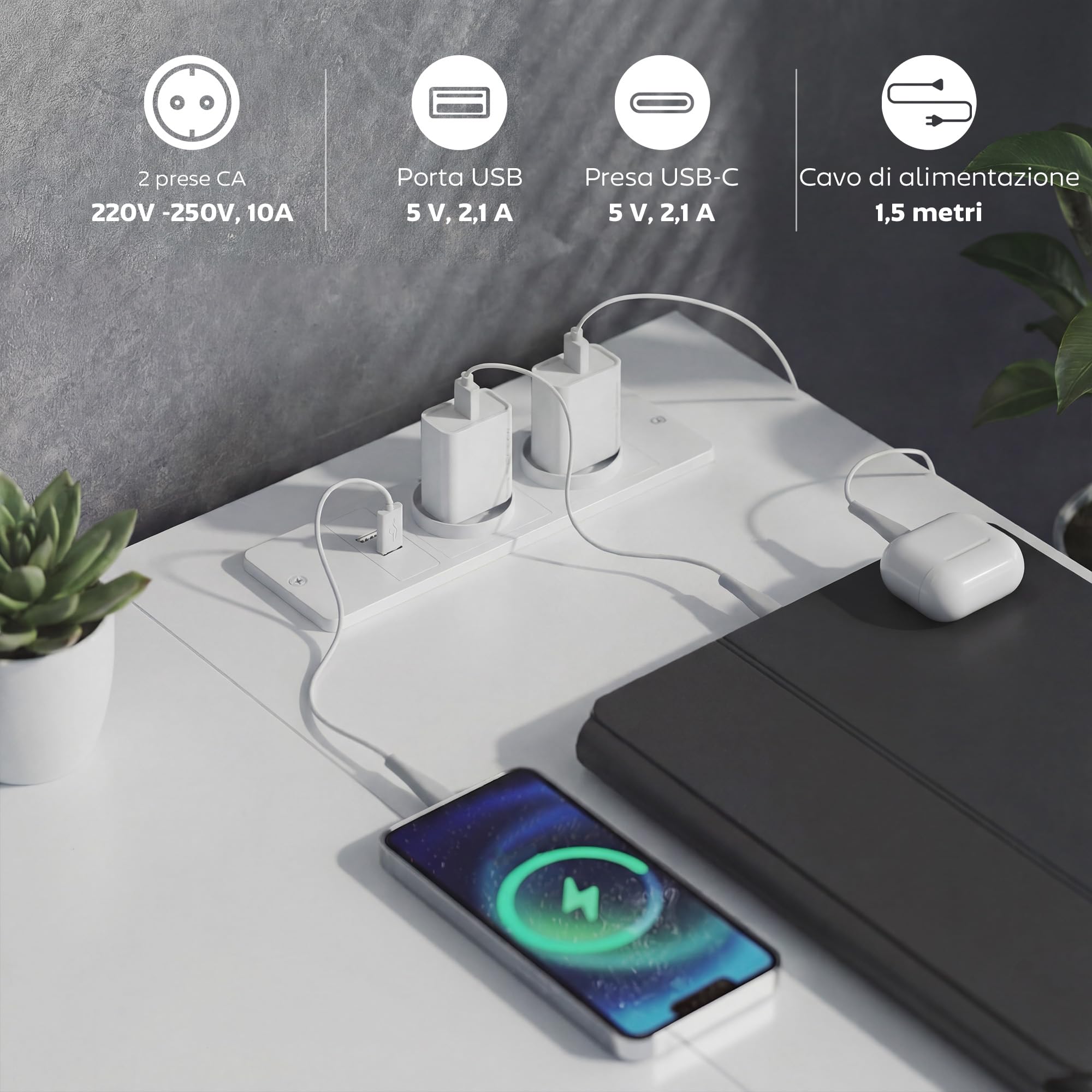 HOMCOM Scrivania Angolare Reversibile con Porte USB ad L 126x48 cm Bianco | Prese di Corrente, 6 Cassetti in Tessuto, Gancio Laterale, per Computer Ufficio Studio Casa