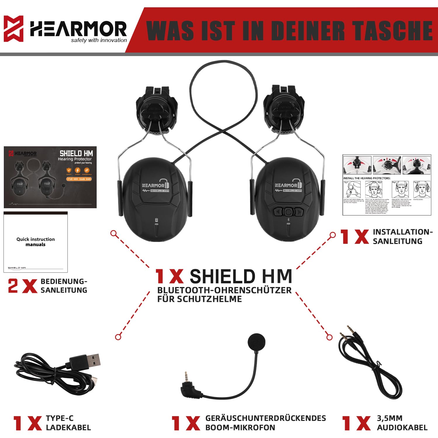 HEARMOR Protección auditiva rígida con Bluetooth, SNR 32 dB, protección auditiva fijada al casco, para trabajos de siega y trabajos intensivos en ruido
