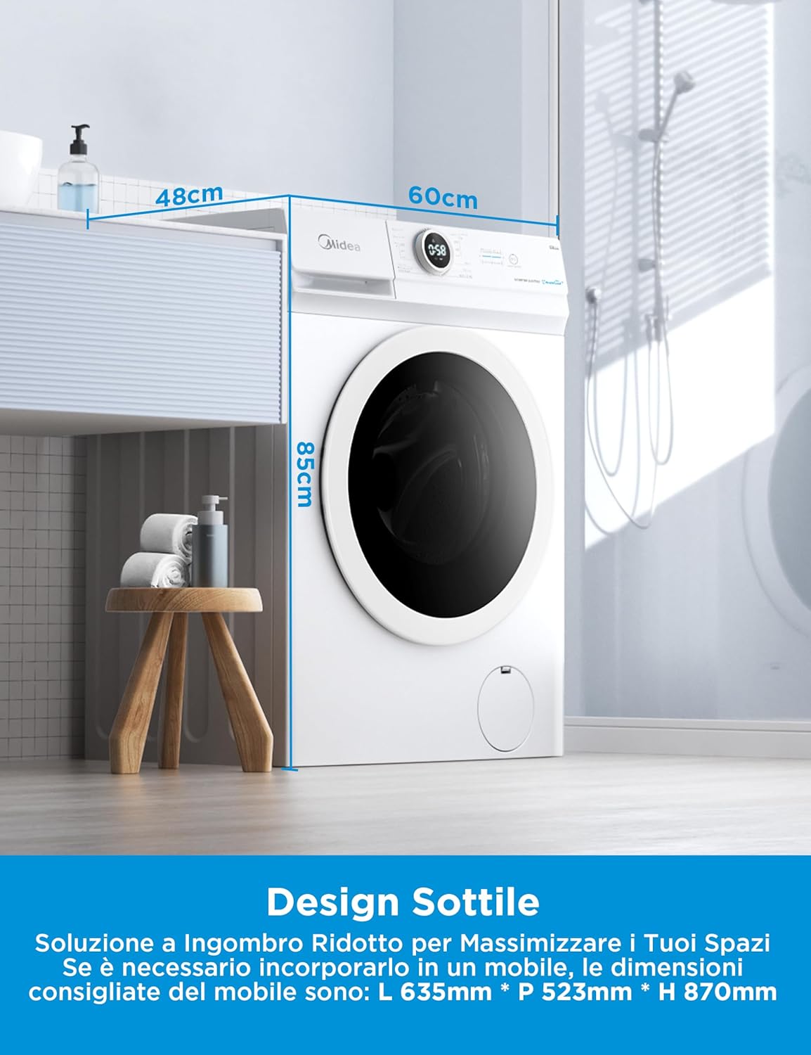 Midea MF10EW70B Lavatrice Slim Carica Frontale, 7 kg, 1400 Giri, Classe A, Vapore, Motore BLDC, Programma Rapido, Varie Temperature dell'Acqua, White 7KG Serie MF100 Plus - Immagine 2