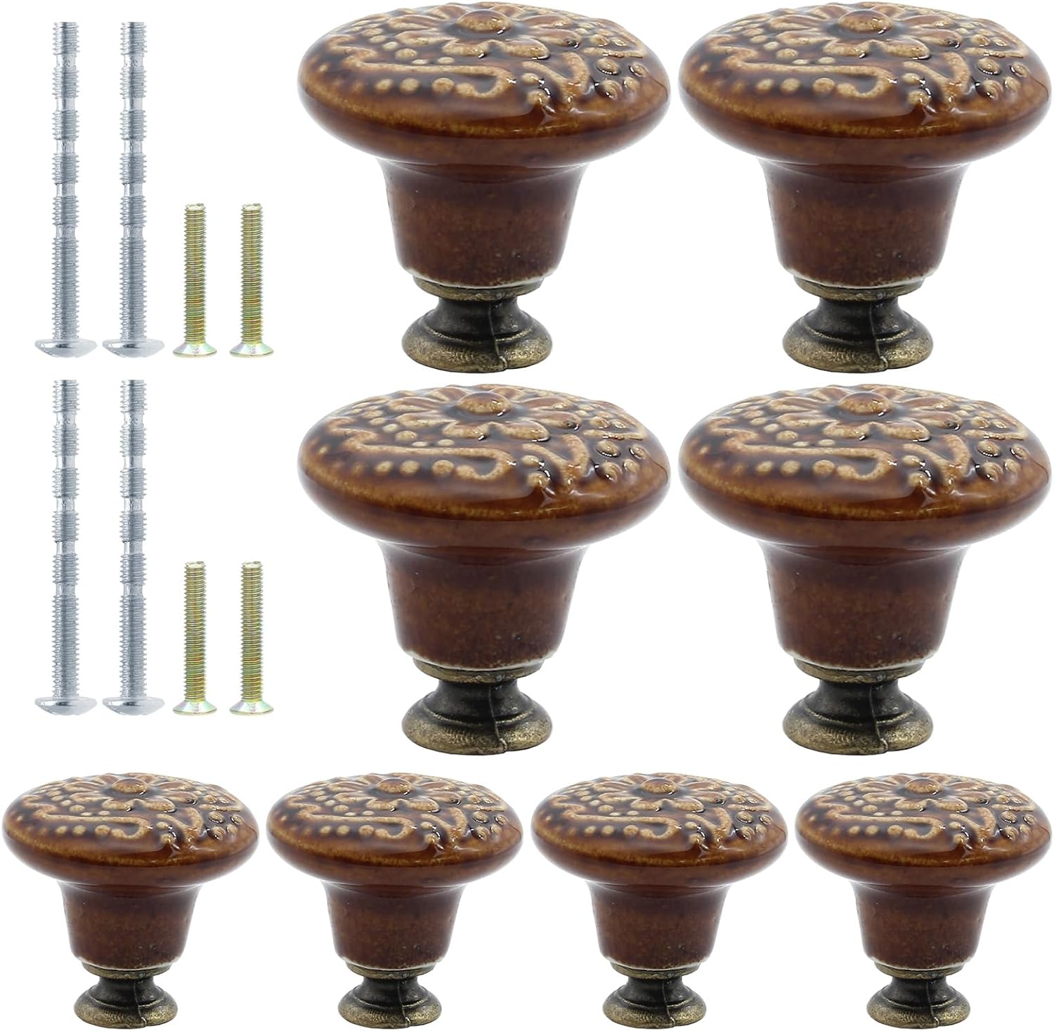 8pcs Brown Ceramic Knobs, Vintage & Retro Dresser & Cabinet Knobs, Decorative Drawer Pull Handles