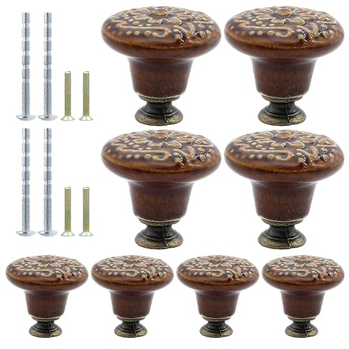 suiwotin 8pcs Brown Ceramic Knobs, Vintage Kitchen Cabinet Knobs | Retro Ceramic Dresser Knobs, Decorative Drawer Pull, For Closet Cupboard Furniture Door
