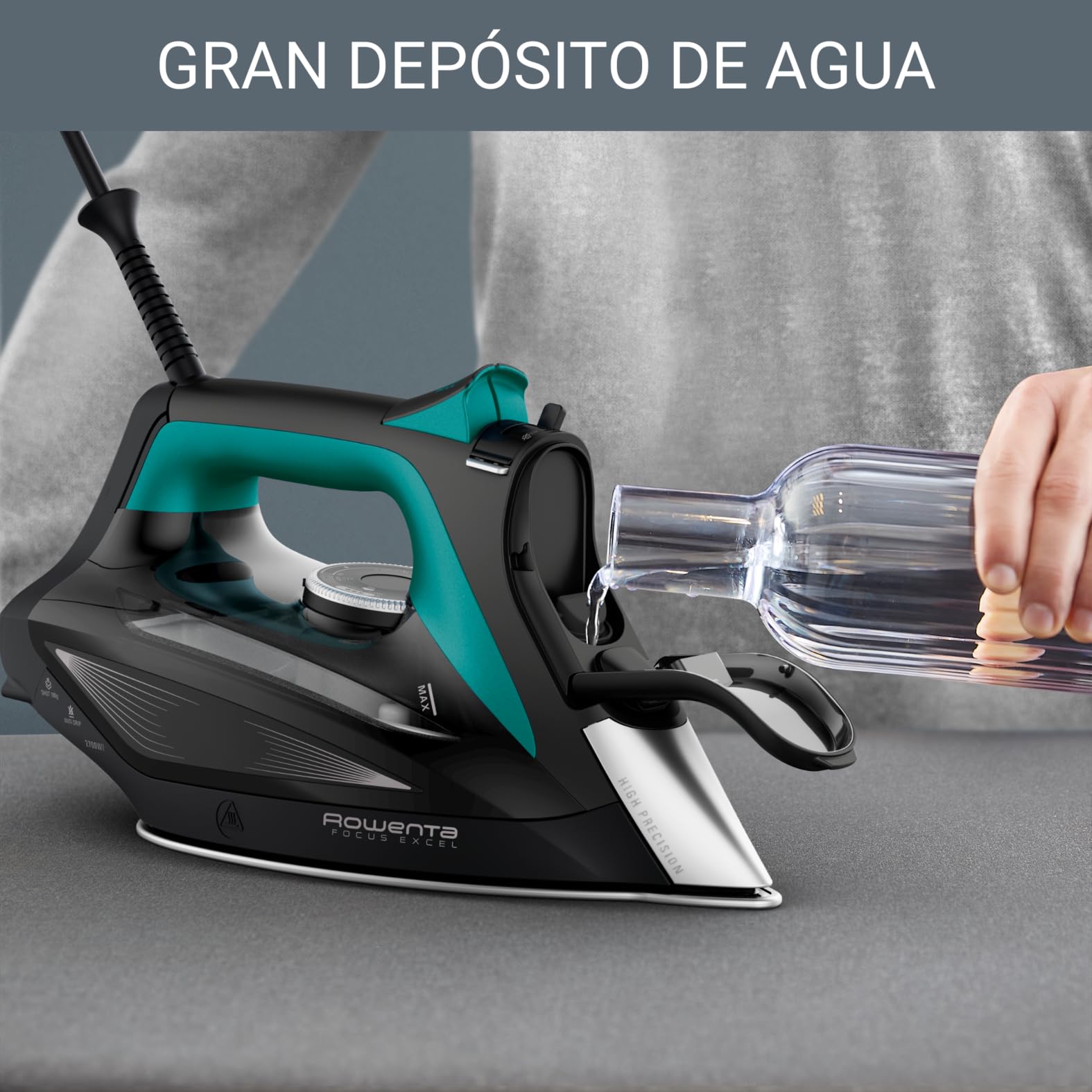 Rowenta Focus Excel - Plancha de Vapor 2700 W | Suela Microsteam 400 HD, Vapor 45 g/min, Golpe 200 g/min, Punta Precisa, Antigoteo, Eco, Depósito 300 ml, Vapor Vertical (Reacondicionado)