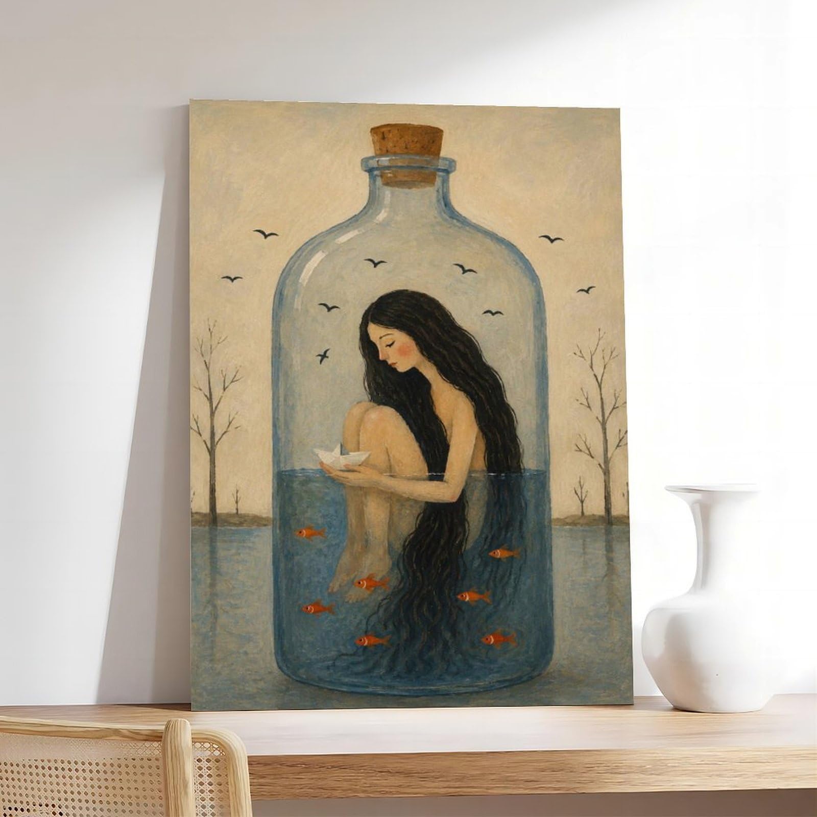 WRTYVE Poster su tela con donna surreale in bottiglia di vetro, per soggiorno, decorazione regalo