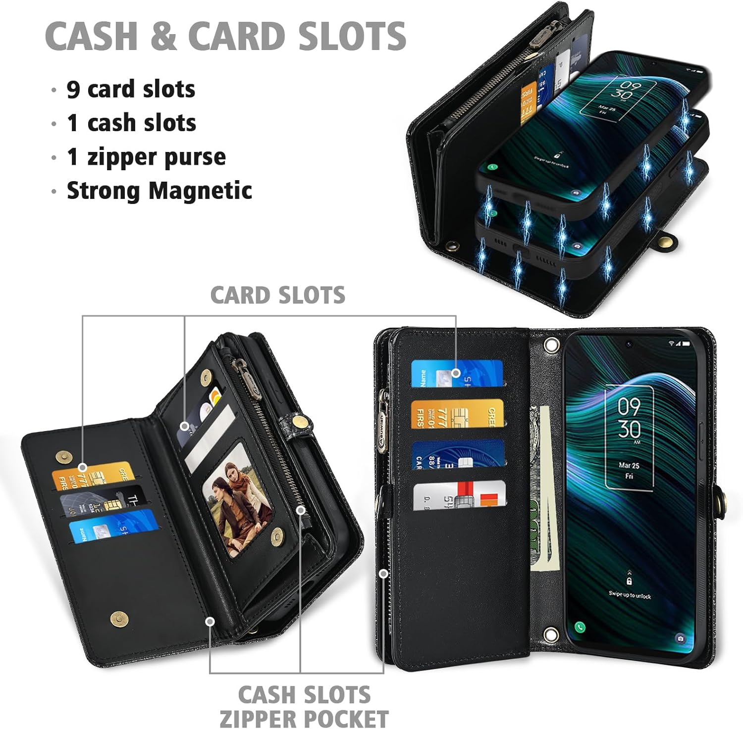 Asuwish Phone Case for TCL Stylus 5G 2022 Zipper Wallet Detachable Cell Cover with Tempered Glass Screen Protector Lanyard Wrist Strap Flip Credit Card Holder Slot TLC Stylo G5 6.81 T779W Women Black