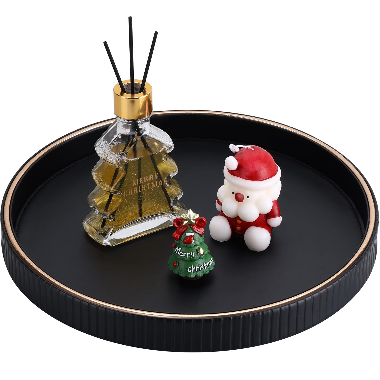 KINGFOM Round Tray, Candle Plate, PU Leather Large Tray Perfume Plate, Coffee Table Decor, Decorative Serving Trays Dining Table Accessories, 30 cm (Black)