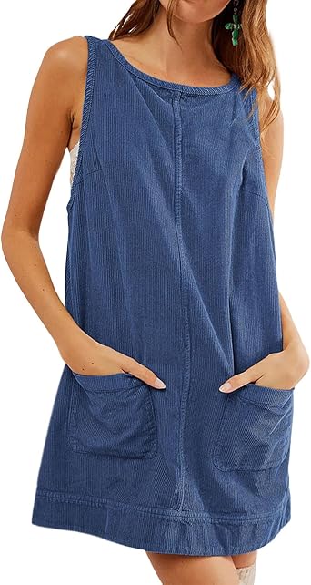 Womens Corduroy Sleeveless Midi Tank Dress Fall Winter Vintage Crewneck Backless Y2K A-Line Dresses with Pockets