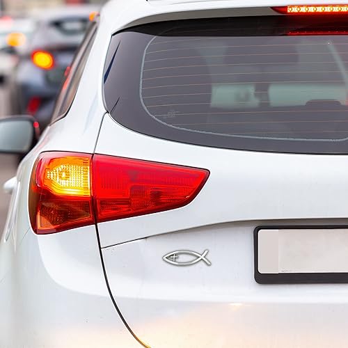 Miniatura 6 de Needzo Ichthus metálico con calcomanía de cruz para automóvil, accesorio de calcomanía de pez Jesús, emblema religioso para automóvil, 5 pulgadas