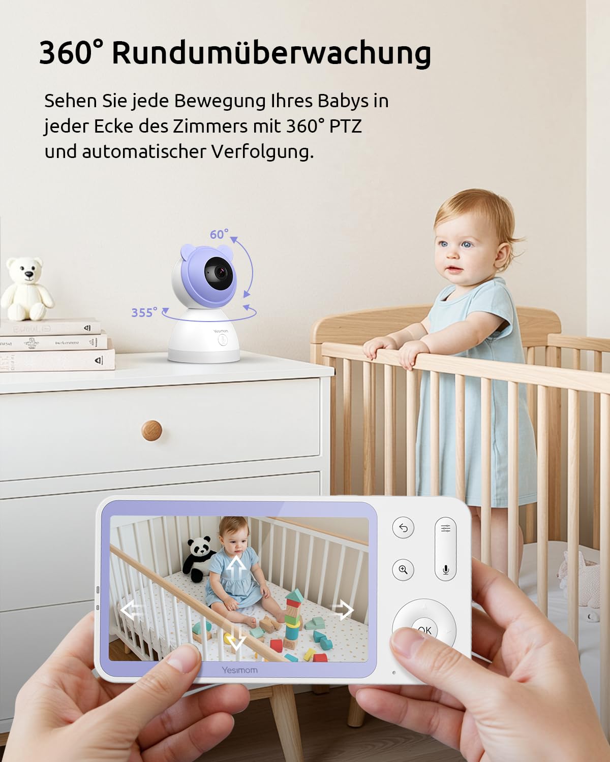 Babyphone mit Kamera 2K/3MP, 5.5" HD WLAN Video Babyfon mit App, IR/RBG Nachtsicht, PTZ 360°, Weinen/Bewegungs-Erkennung, AI-Tracking, Bereich Alarme, 2-Wege-Audio, hohe Reichweite, 2 Stück