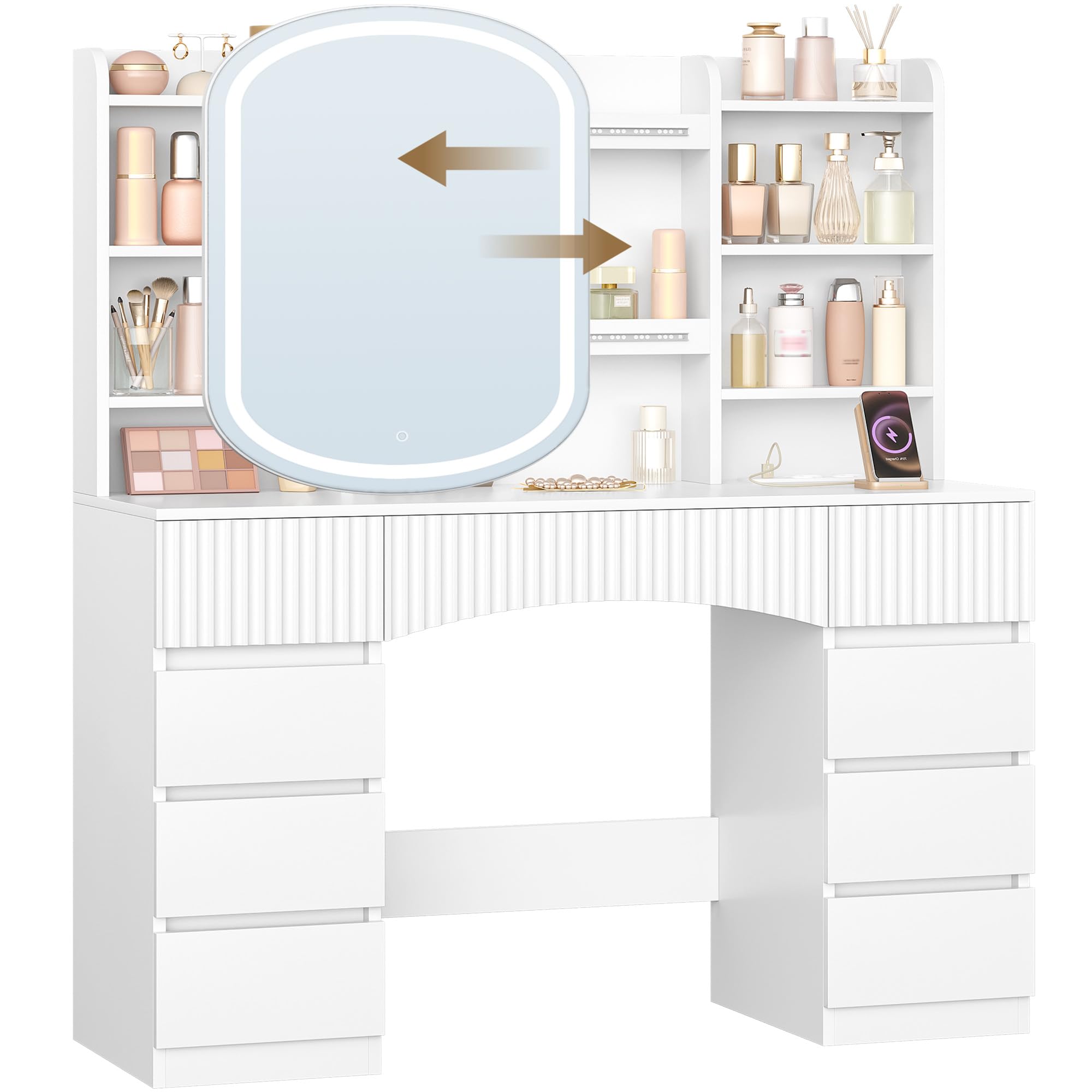 Hzuaneri 108 cm Toeletta Trucco, Postazione Trucco con Grande Specchio HD, Ciabatta Multipresa, Illuminazione a LED, 9 Cassetti, 11 Spazio di Archiviazione, per Camera da Letto, Bianco 1180103XEU