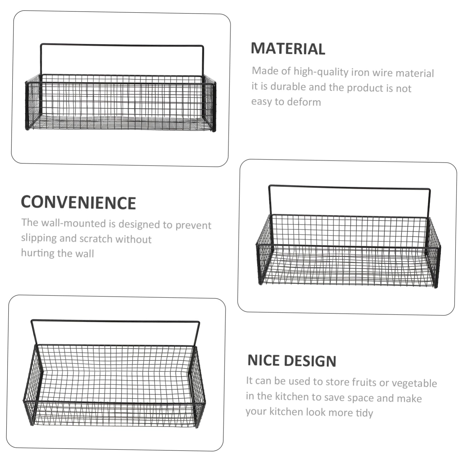 Cesta Colgante de Pared de Hierro para Cocina, Negra, Práctica | Verduras y Jengibre, Almacenamiento Ordenado, Estable y Fiable, Resistente al Óxido