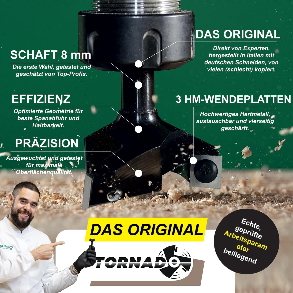 Fraiser Tornado - Planfräser Holz mit Schnittdurchmesser 35 mm und 8 mm Schaft, 3 austauschbaren HM-Wendeplatten - Flächenfräser, Kantenfräser und Nutfräser für CNC und Oberfräse