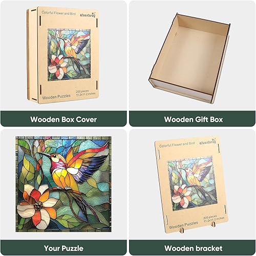 Miniatura 8 de Qiuenisray Rompecabezas de madera para adultos, rompecabezas de colibrí de vidrio de 200 piezas, rompecabezas de madera con forma de animal única