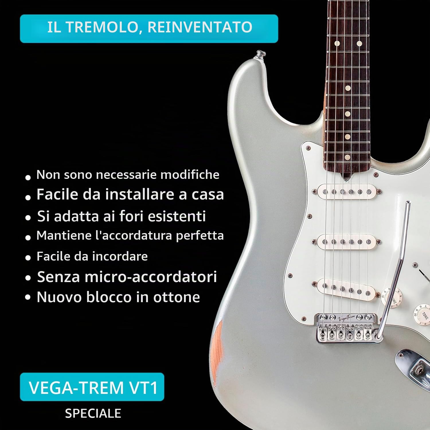 Vega-Trem VT1 Special - Chitarra stratocaster a 2 punti, ponte tremolo per Strat, senza mod, facile installazione, lucido, destra)