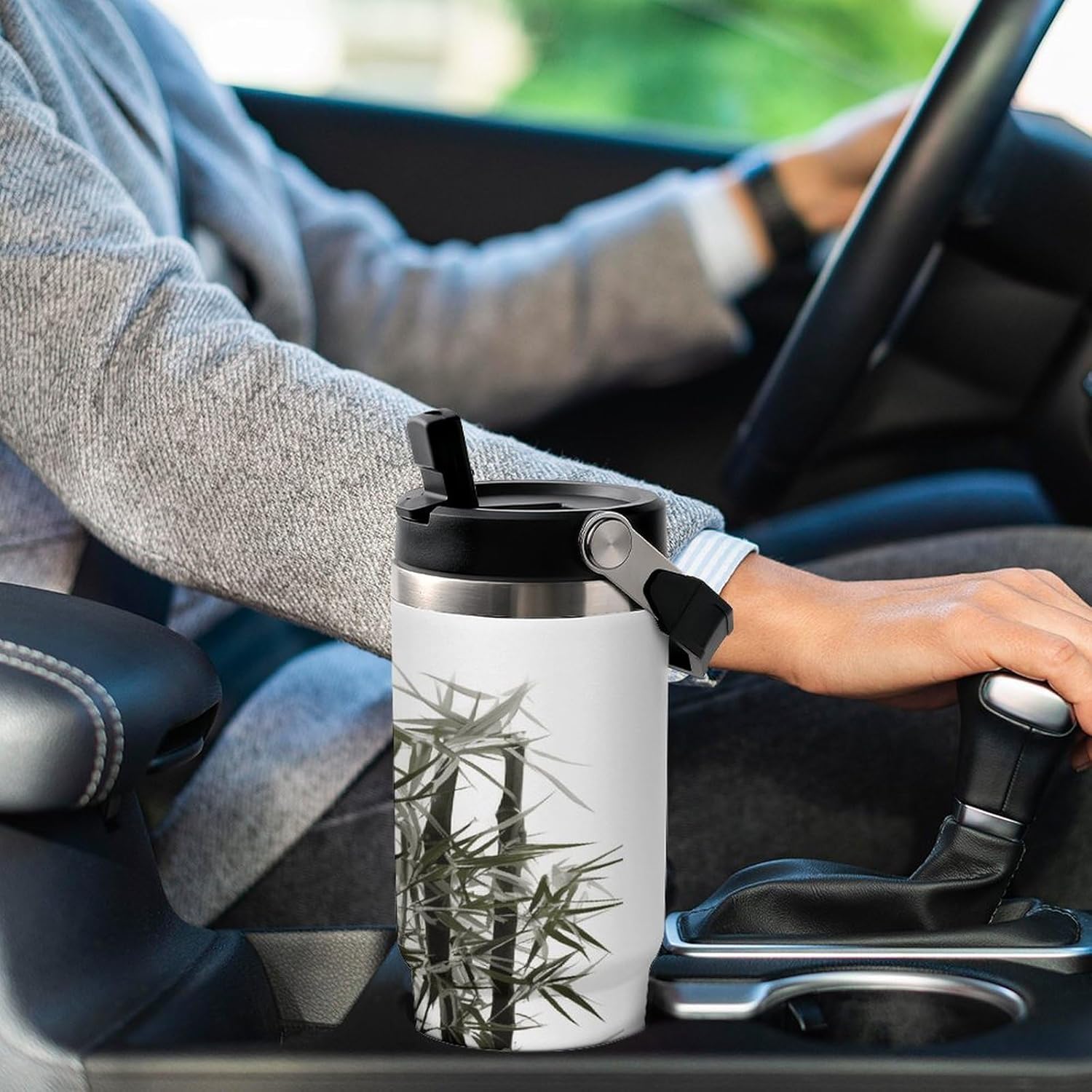 Asian Bamboo Water Bottle 30 Oz Fits Car Cup Holder,Insulated Coffee Mug Large Capacity Car Cups,Stainless Steel Double Wall Sport Bottle for Travel Sports Gym