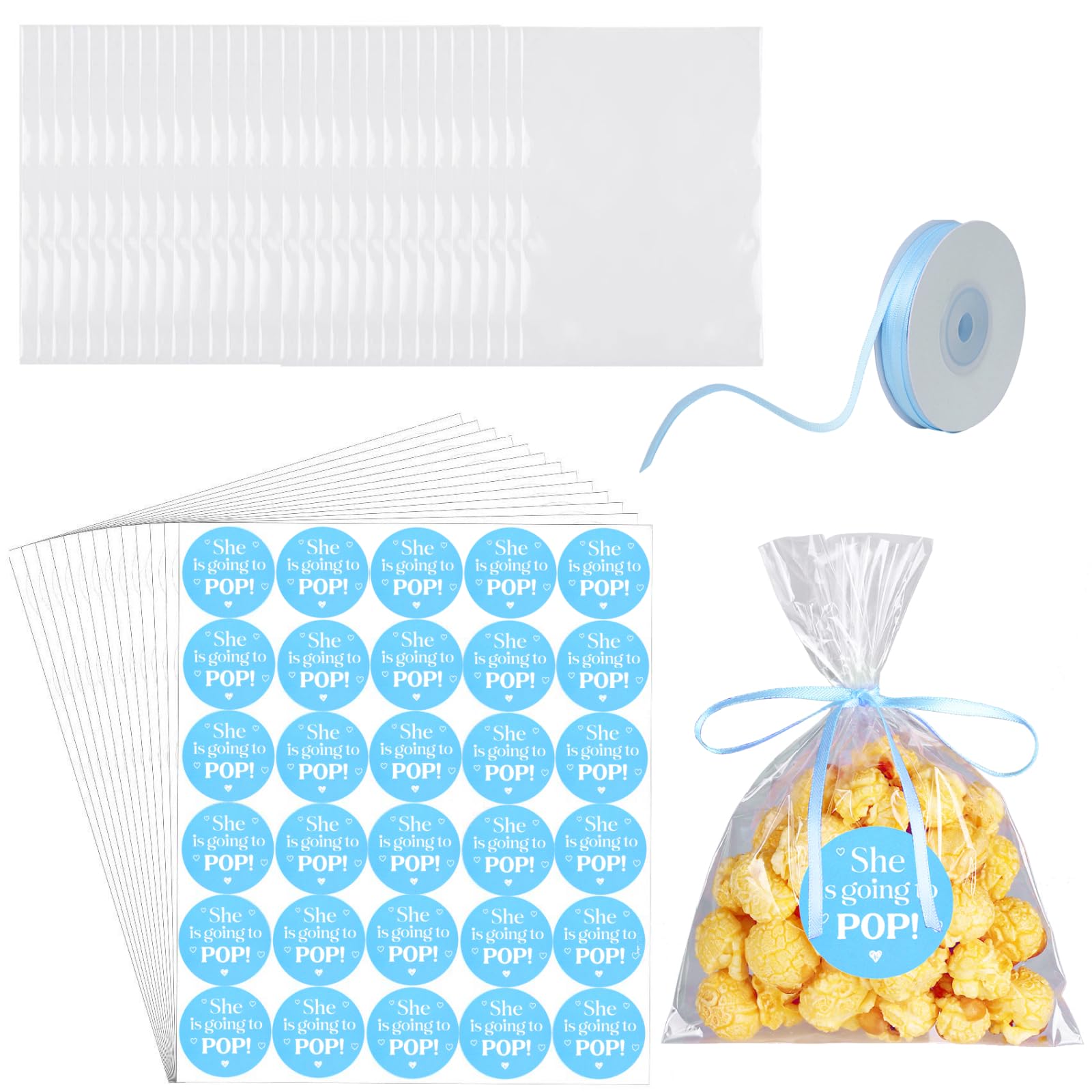AIOMOB 50 Pack Blue She is Going to Pop Popcorn Bags Baby Shower Favor Labels with Clear Cellophane Bags and Ribbon Popcorn Bags for Gift Wrapping, Food Storage, Baby Shower Decorations