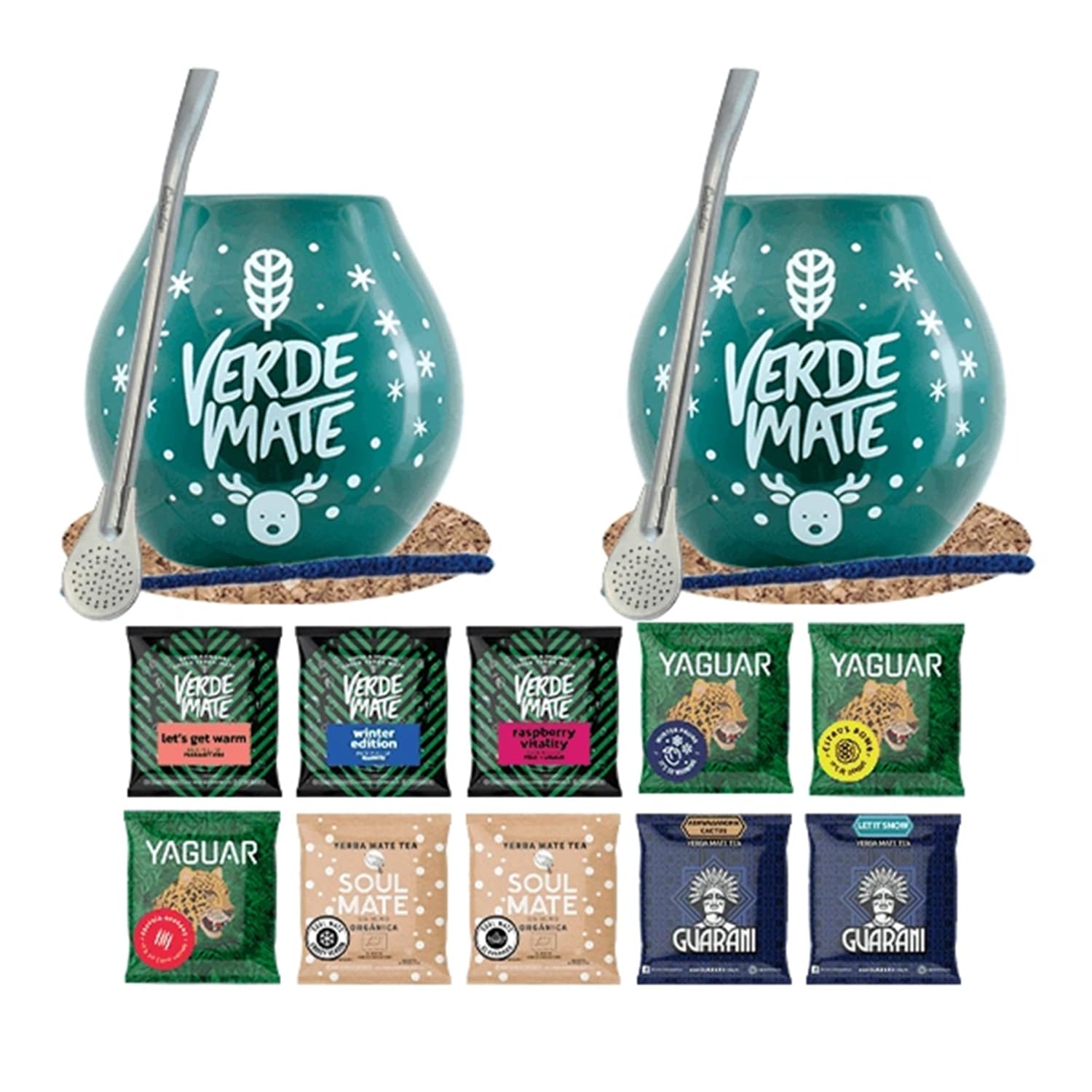 Yerba Mate Set für Zwei Winter Edition 10x50g - Probierset mit Yaguar, Verde Mate Green, Guarani, Soul Mate - Guarana, Ashwagandha, Zitrone, Himbeere - 2x Keramik Mate Becher