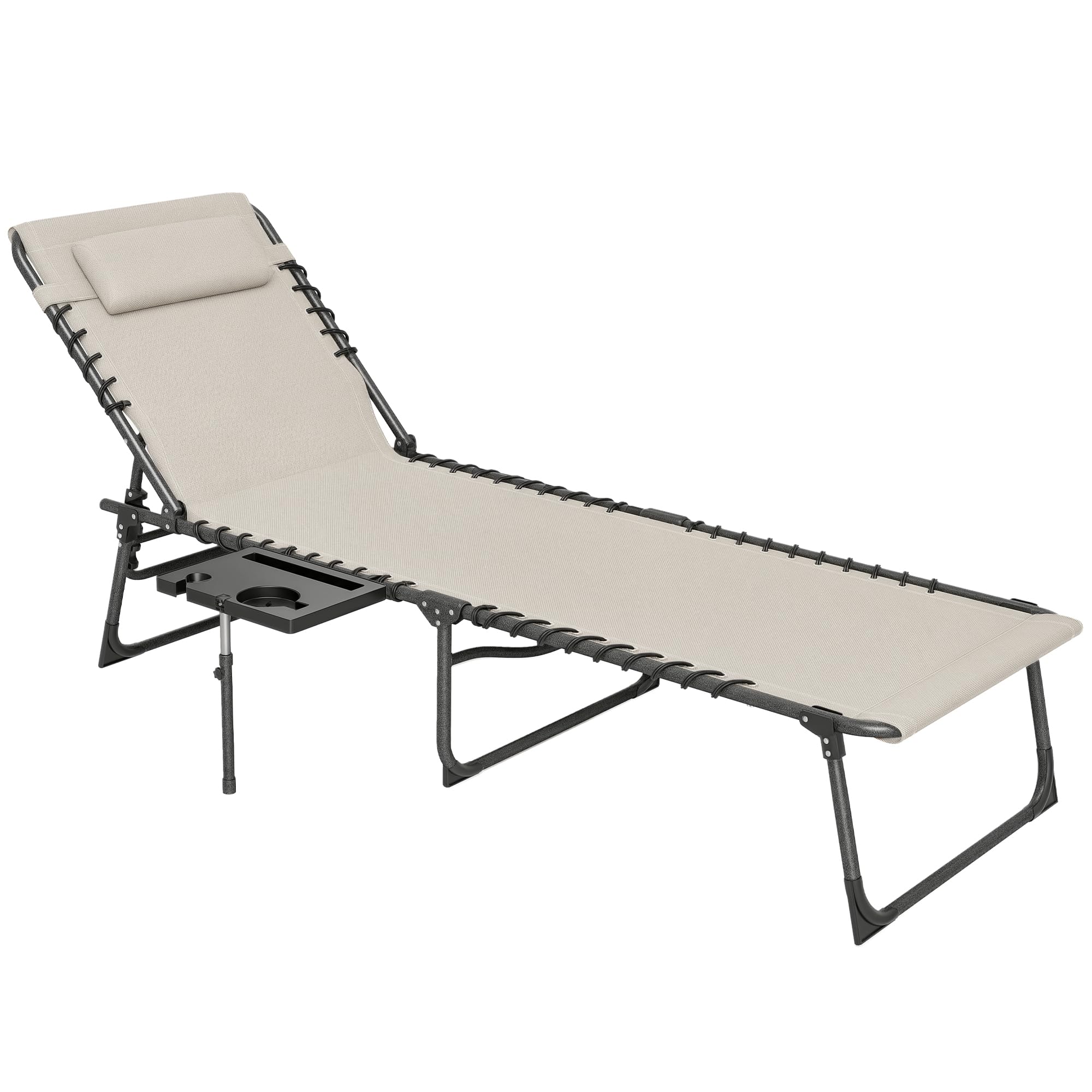 Outsunny Tumbona Plegable, Tumbona Jardín Exterior con Respaldo Ajustable, Reposacabezas, Bolsillo Lateral, Bandeja y Estructura de Acero, Carga 120 kg para Terraza Piscina Playa, 190x60x31 cm, Crema