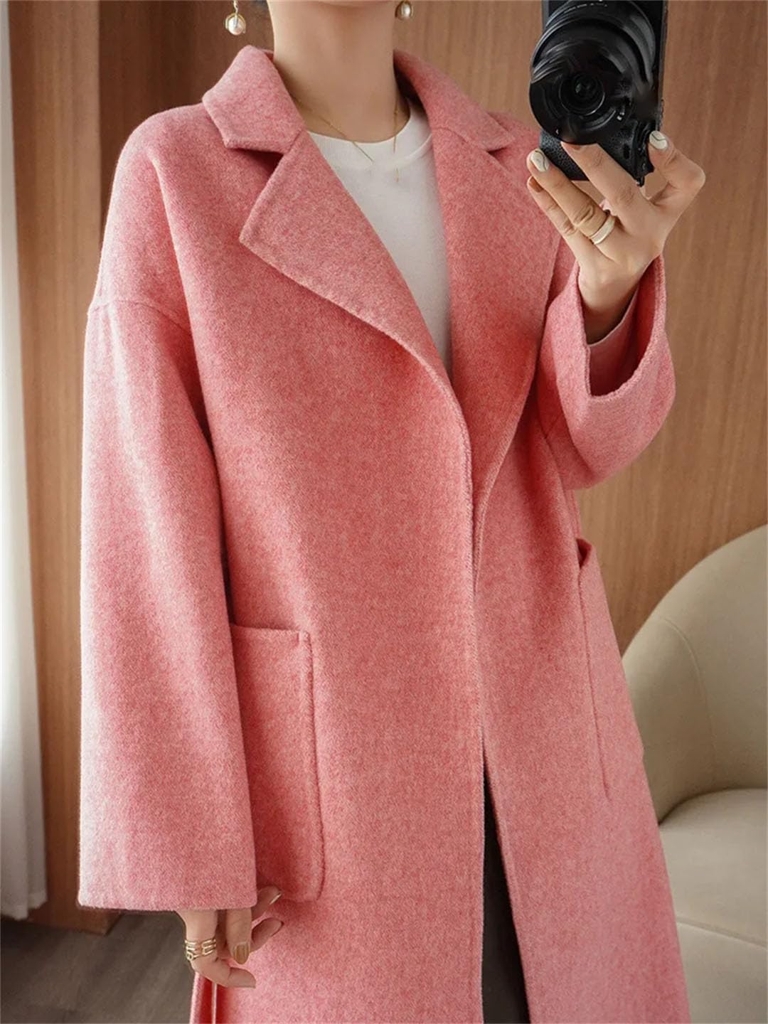 Abrigo de lana de doble cara para mujer, abrigo largo de lana con cinturón, ropa de moda, ajuste holgado