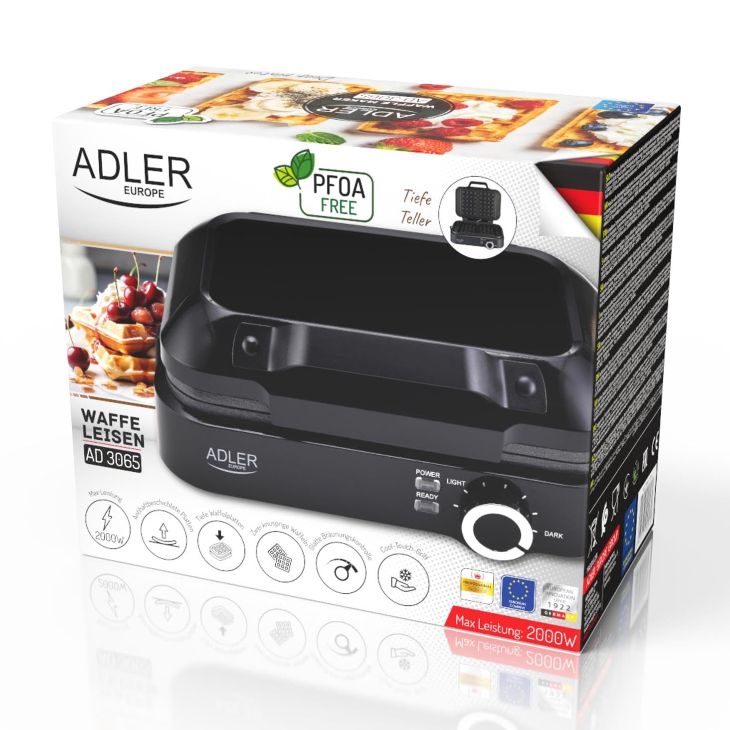 Adler Europe - Gofrera doble 2000W Nivel de calentamiento ajustable Dos gofres clásicos a la vez Revestimiento antiadherente 2 luces indicadoras Placas de gofres profundas