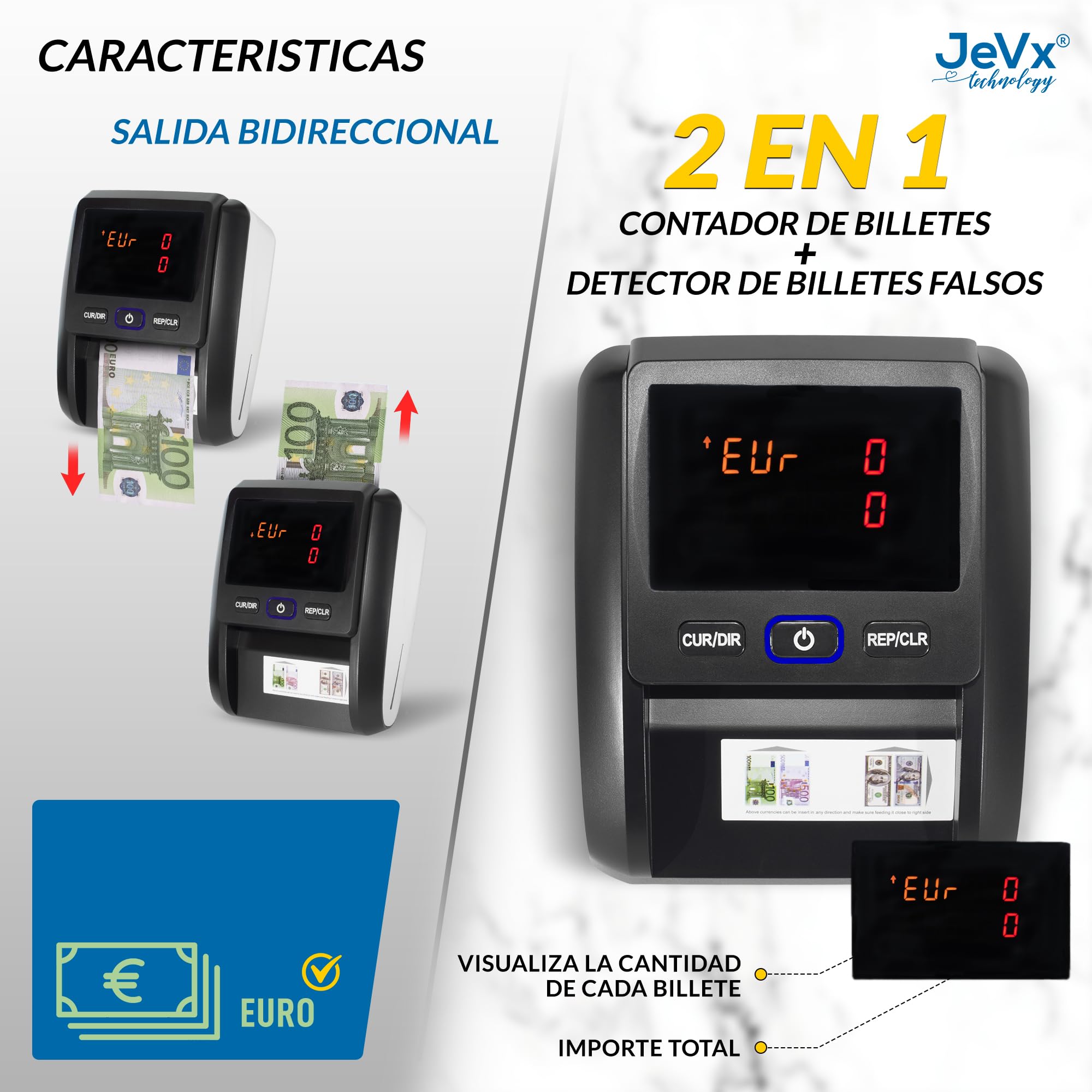 Detector Billetes Falsos 2026 y Contador de Billetes, 9 Sistemas de Seguridad, Comprobador Billete Euro