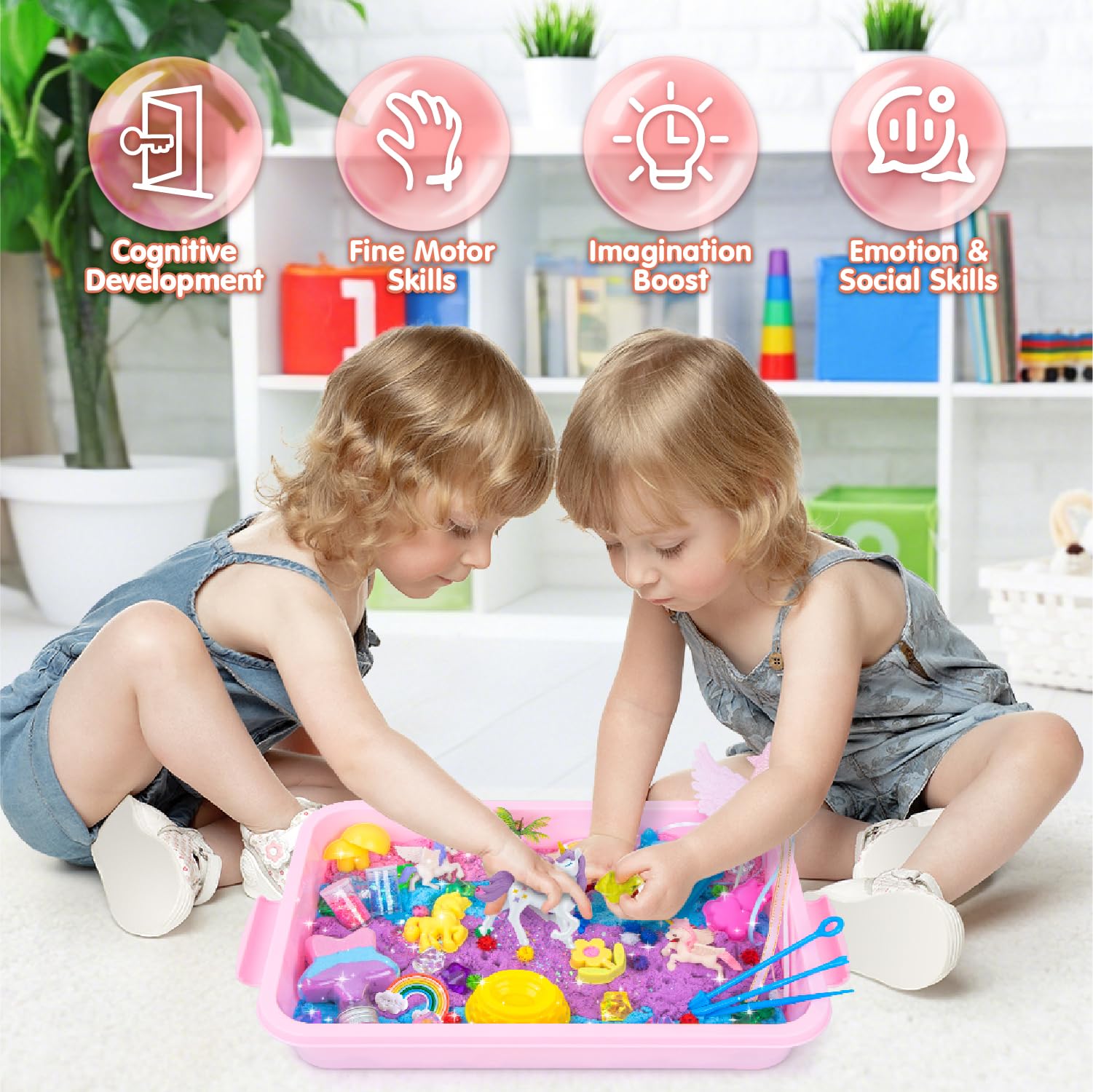snookids Sabbia Cinetica, Sabbia Magica con Cera d'Api Naturale 690g, Gioco Sabbia con 24 Stampi, 3 Unicorni, Scatola di Conservazione, Giocattolo Sensoriale per Bambini 3 4 5 6 7 8 9 Anni