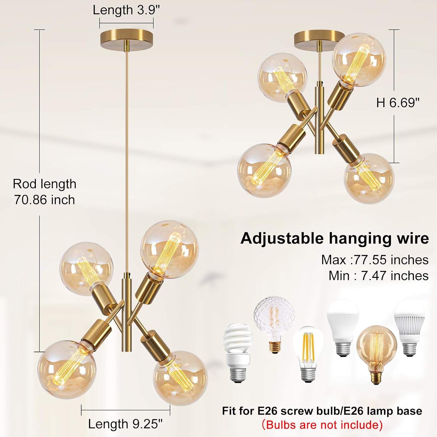 4-Lights Gold Chandelier Fixture Dining Room Light Fixture Over Table Mid Century Modern Chandelier Gold Sputnik Chandelier for Dining Room Living Room, Bedroom, Kitchen