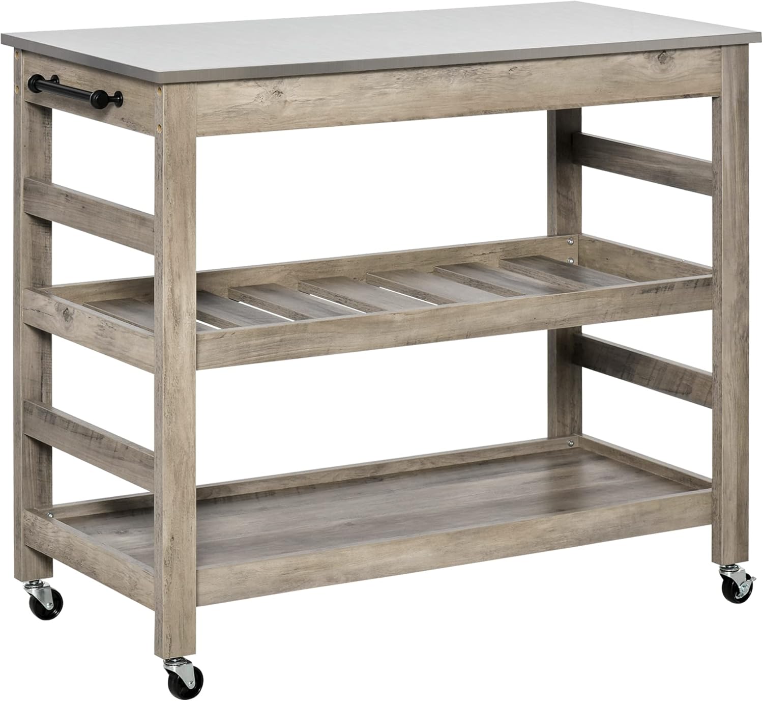 HOMCOM Rolling Kitchen Cart with Stainless Steel Countertop, 1 Bottom Shelf, 1 Slotted Middle Shelf and 4 Castor Wheels, Grey