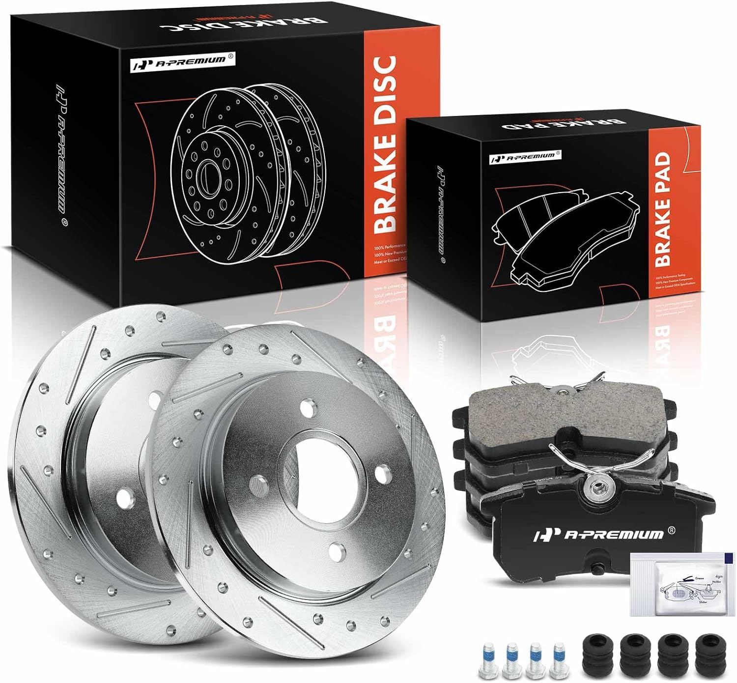 A-Premium 9.96 inch (253mm) Rear Drilled and Slotted Disc Brake Rotors + Ceramic Pads Kit Compatible with Ford Models - Focus 2001-2007, Fiesta 2014-2019, 6-PC Set