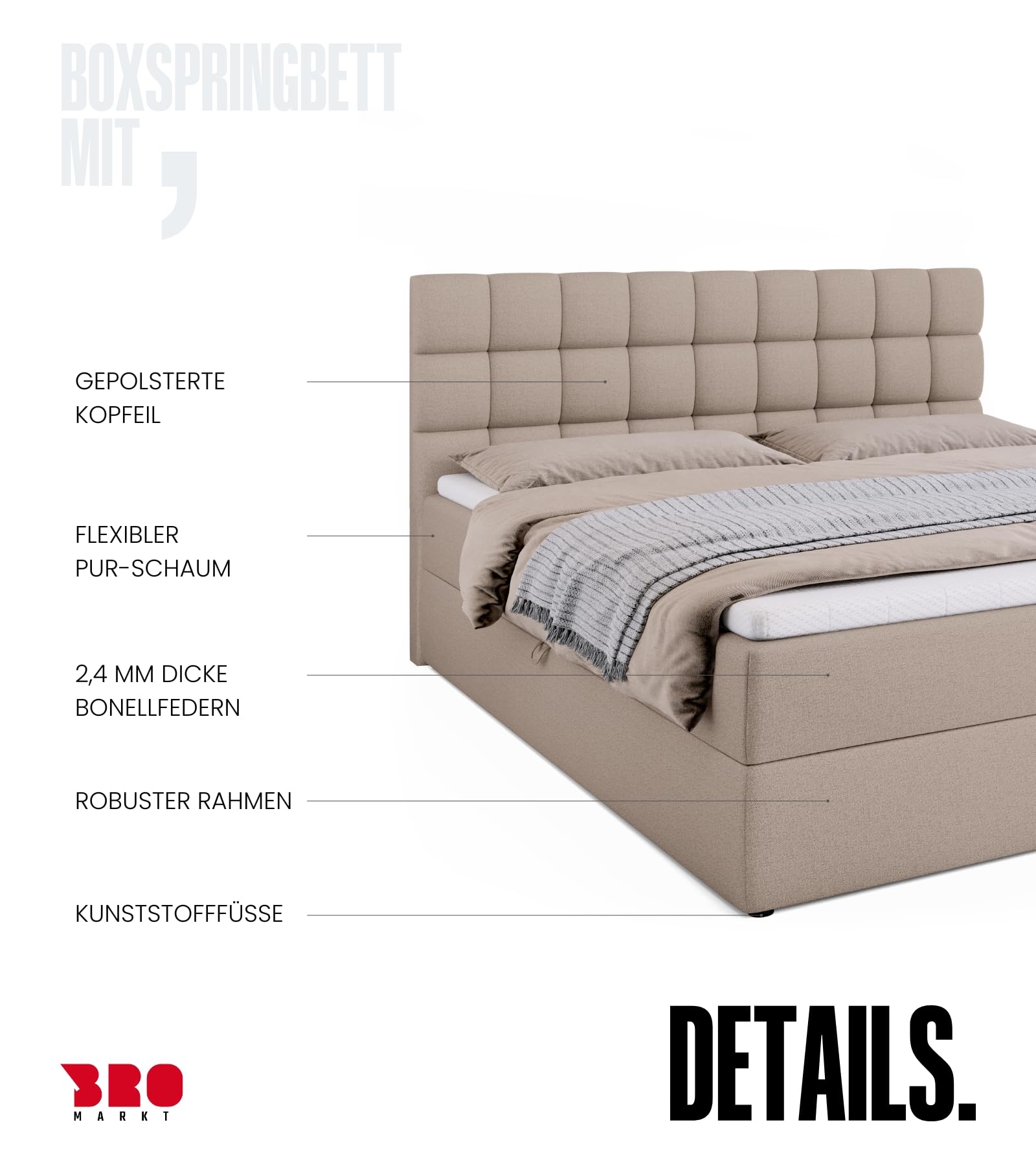 BROMARKT Boxspringbett mit Matratze 180x200cm Bett mit Topper Beige