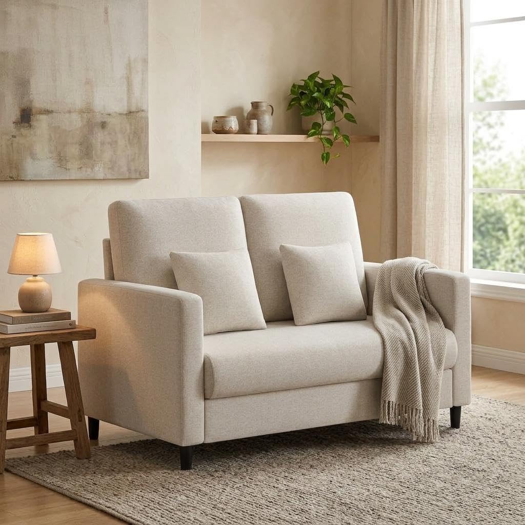 Garvee Mid-Century 2-Sitzer Sofa 132 cm – Kompaktes Loveseat mit Massivholzrahmen, Polstersofa mit Leinenbezug, werkzeuglose Montage, Moderne Couch für Wohnzimmer & Schlafzimmer