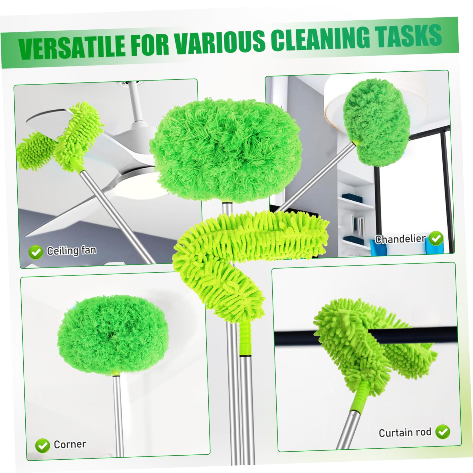 Plumero Extensible para Ventilador de Techo, Mango Largo de Aluminio | Cabezal Desmontable, Limpieza de Alta Eficiencia, 1 Juego Verde para Muebles y Ventanas