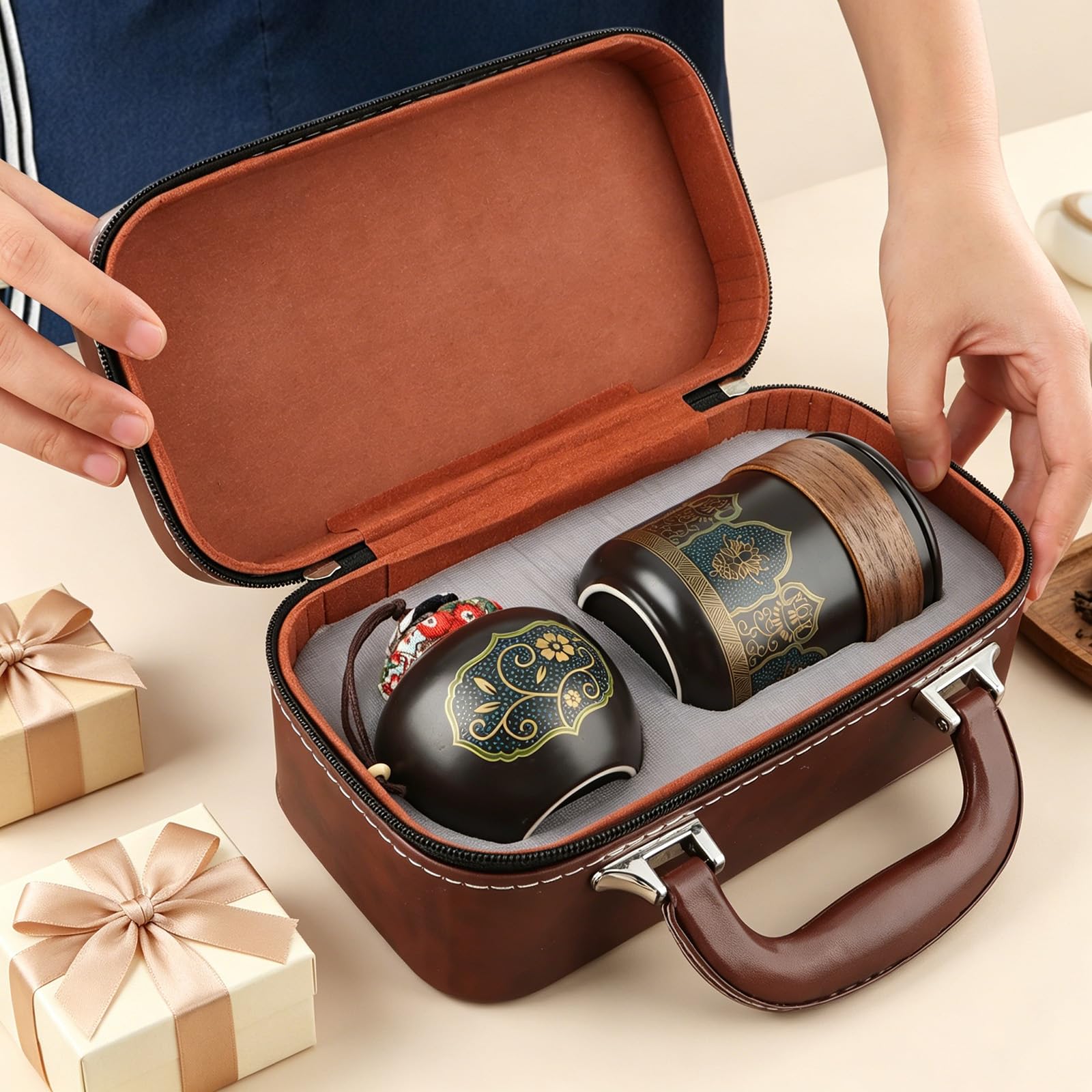 Japanisches Teeservice, 6 Stück Schönes Tea Set Porzellan Chinesische Teekanne Set, Gongfu Teeservice, Tragbares Schwarzes Keramik-Teekannenset 250ml, Traditionelles Teekanne Teeservice aus Porzellan