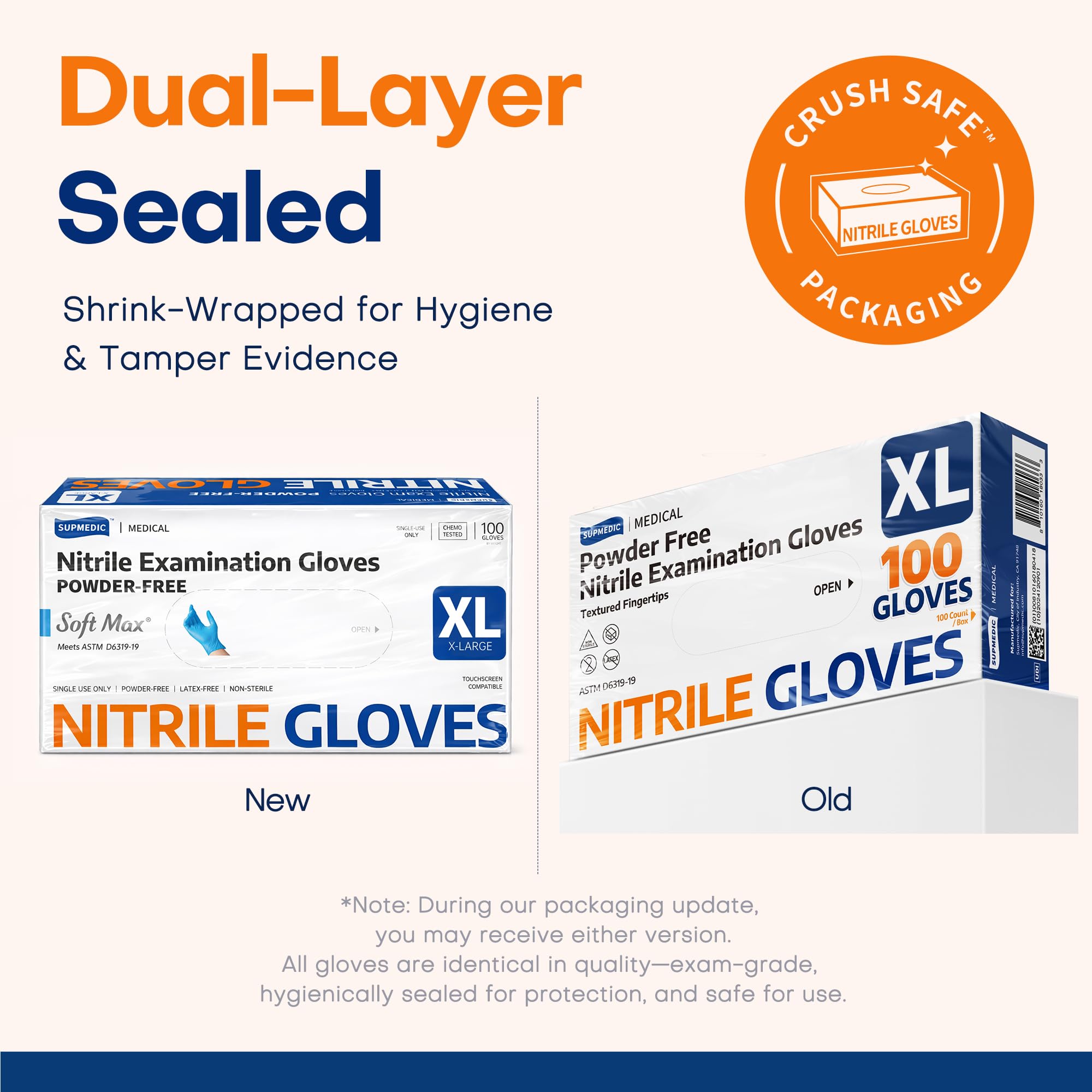 Supmedic Guantes médicos desechables de nitrilo de 3.5 mil, sin polvo, sin látex, caja de 100 unidades (azul) (XL)