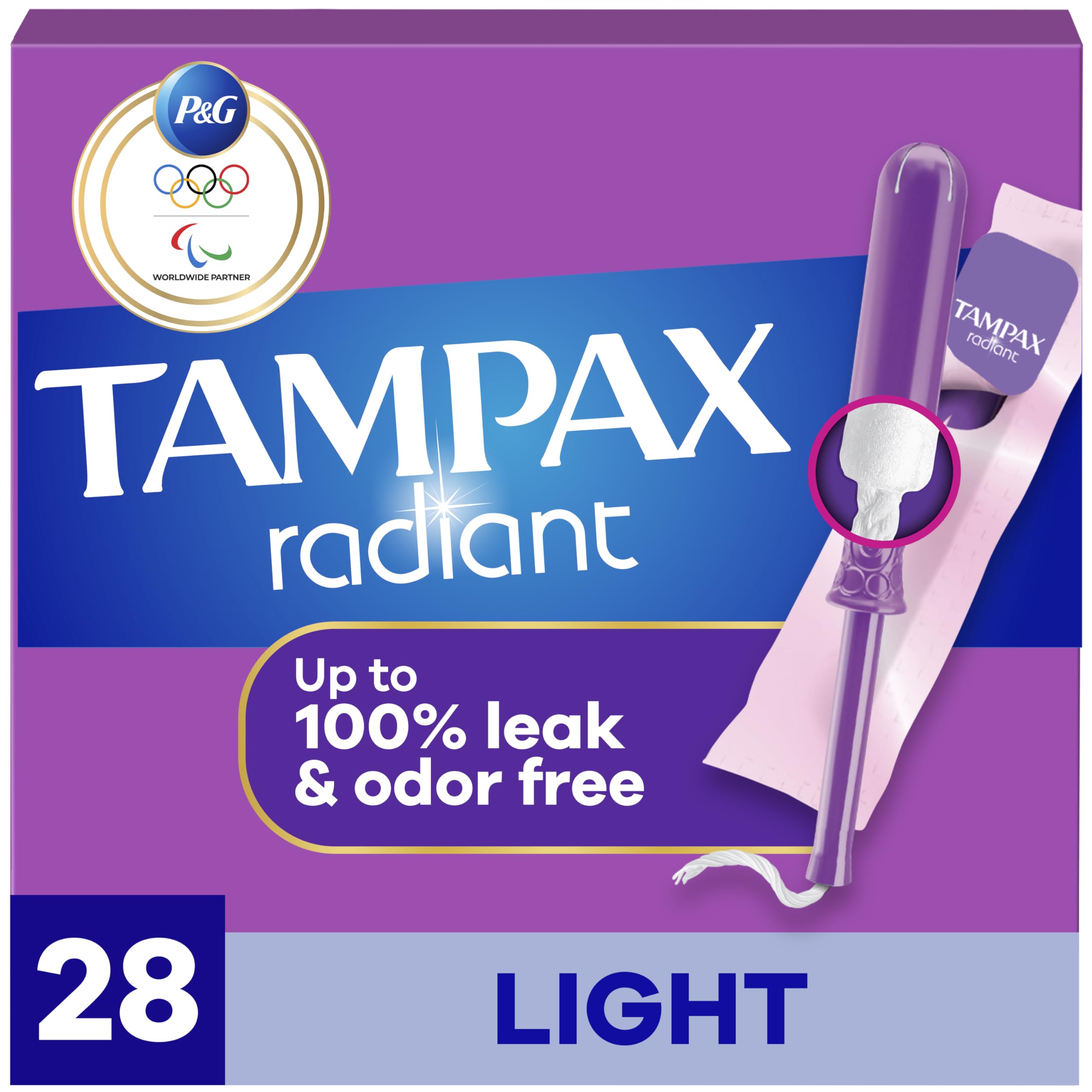Radiant Tampons Light Absorbency with BPA-Free Plastic Applicator and LeakGuard Braid, Unscented, 28 Count x 3 Packs (84 Count Total)