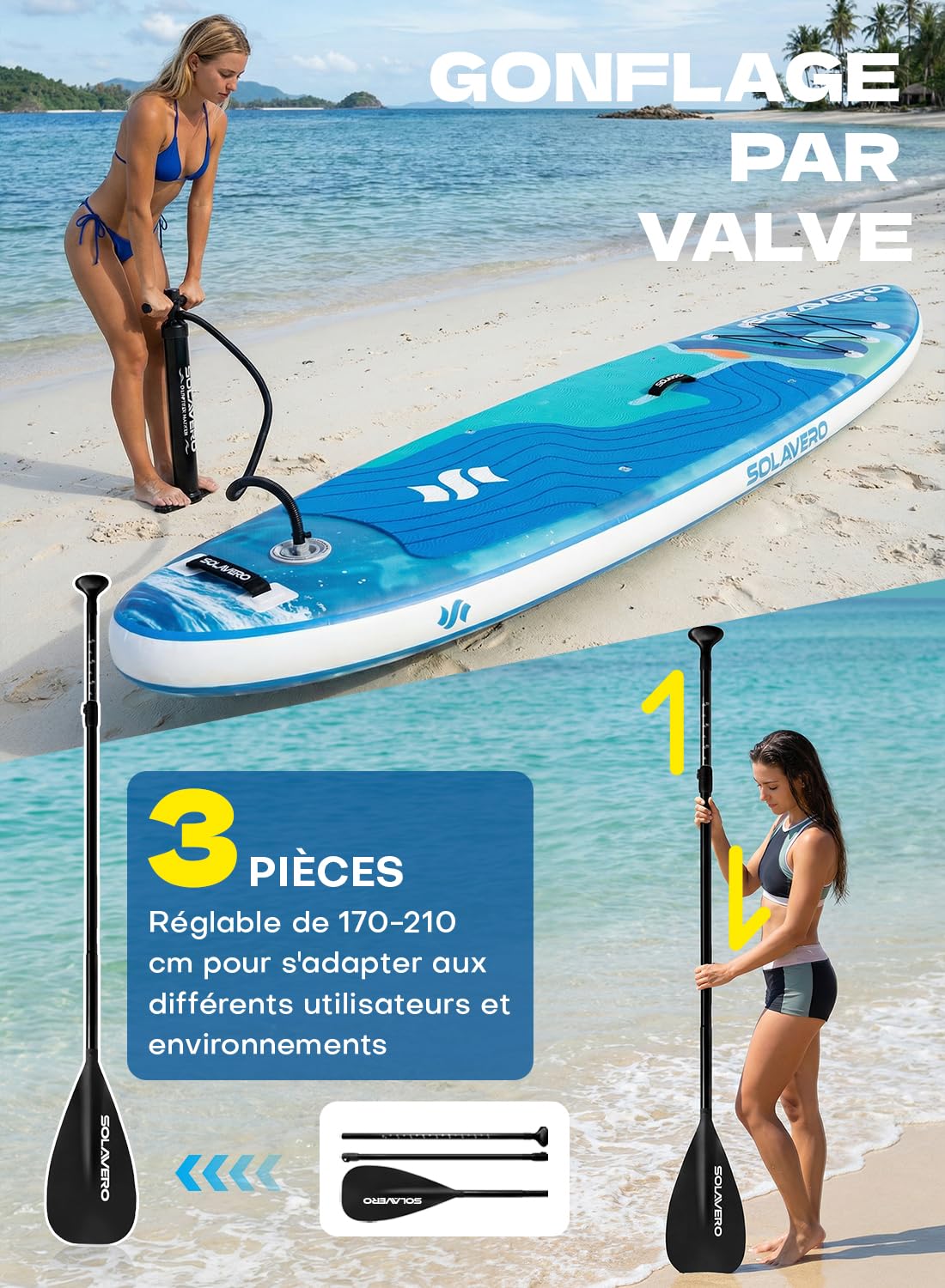 SOLAVERO Paddle Gonflable Adulte, 335 x 83 x 15 cm Stand Up Paddle avec Pont EVA Antidérapant, Pagaie Réglable, 3 Aileron, pour Tous Les Niveaux de Compétence, Jusqu'à 200 kg
