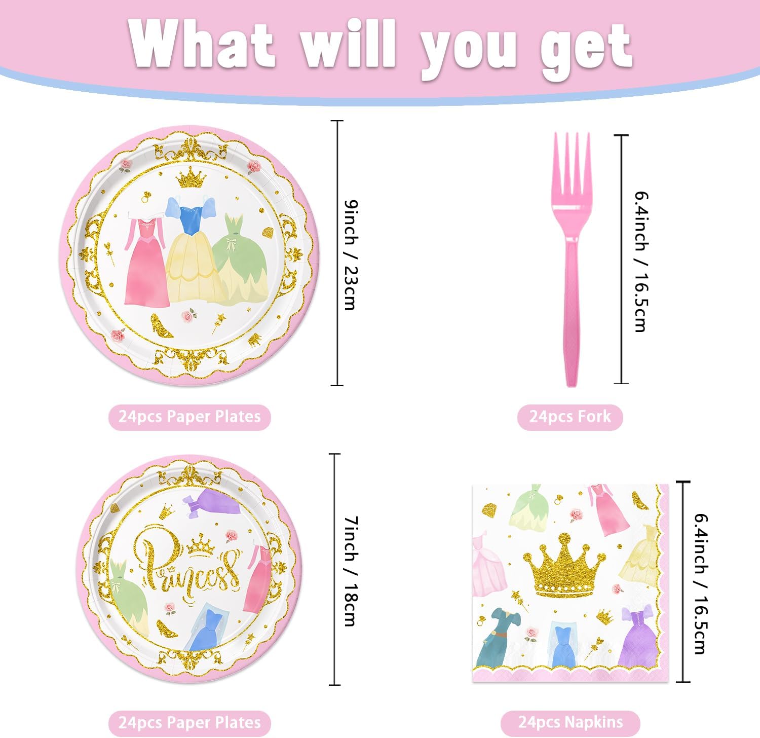 96pcs Princess Birthday Party Decorations Elegant Paper Plates Napkins Forks for Baby Shower Princess Themed Birthday Party Supplies,Suitable for 24 Guests - Image 2