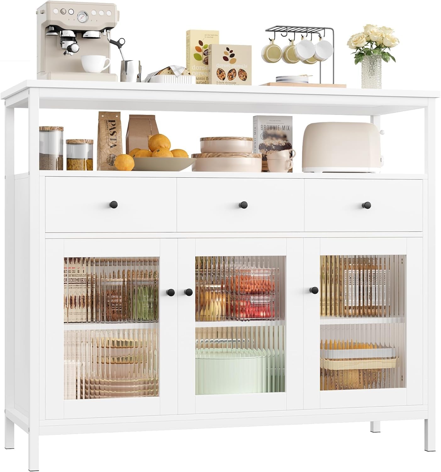FirFurd Credenza Cucina,Mobile Cucina con 3 Cassetti e 3 Ante Bianco | Dispensa Cucina con Ante Vetro Temperato｜Credenza Soggiorno a Ripiani Regolabili｜per Sala da Pranzo, Soggiorno｜108x38x98,5 cm