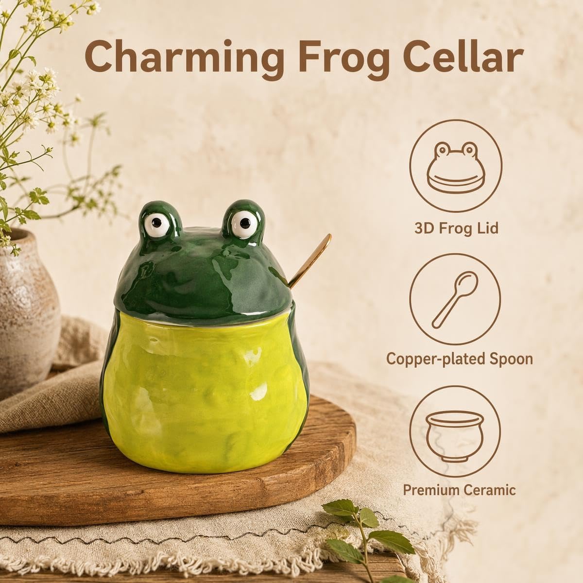 Ceramic Frog Sugar Bowl & Salt Cellar - Cute Kitchen Storage -2
