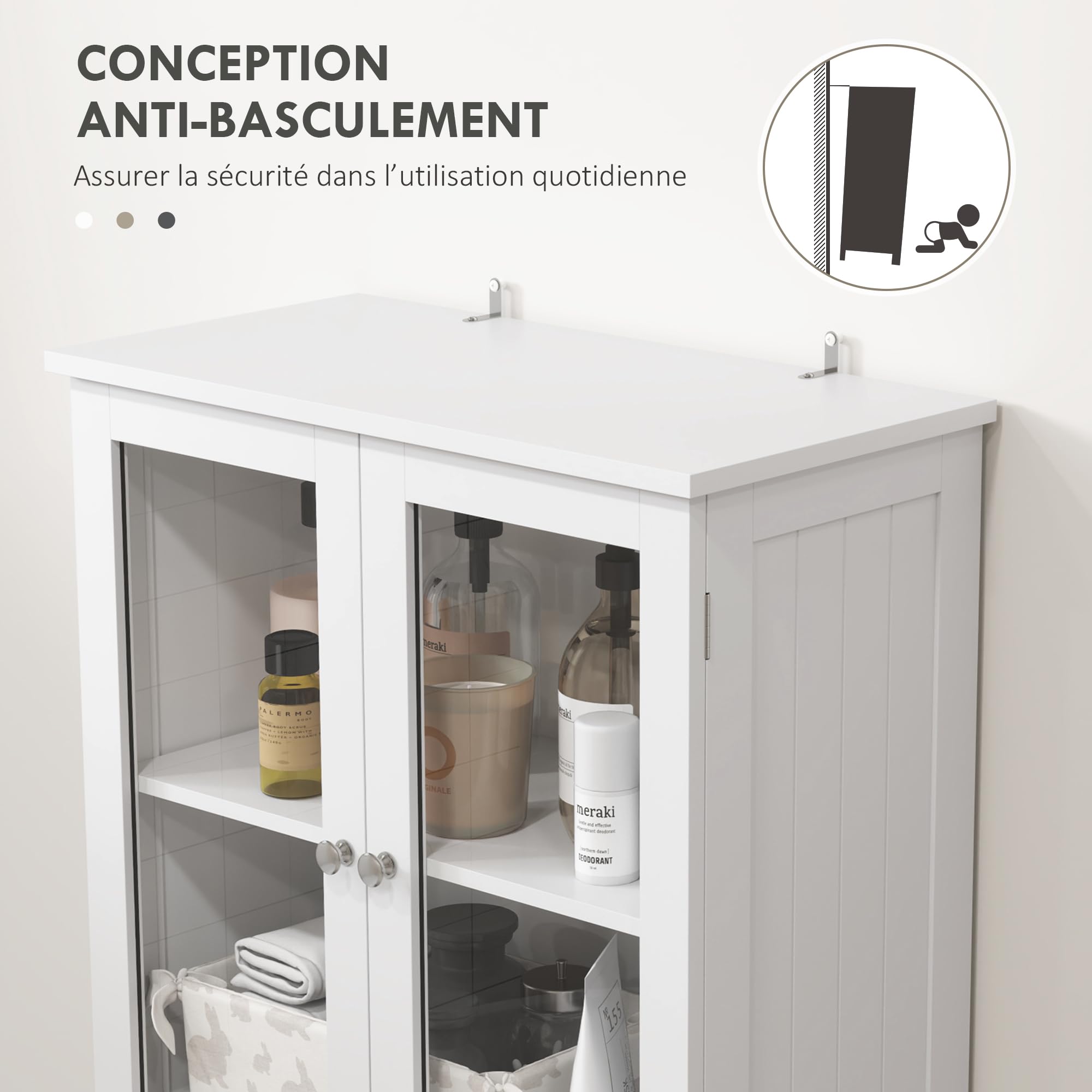 HOMCOM Meuble de Salle de Bain Haut, Meuble de Rangement, Colonne Salle de Bain avec 4 Portes Dont 2 vitrées, 2 tiroirs et étagères réglables, Style Moderne, pour Salon, Chambre, 60x30x170cm, Blanc