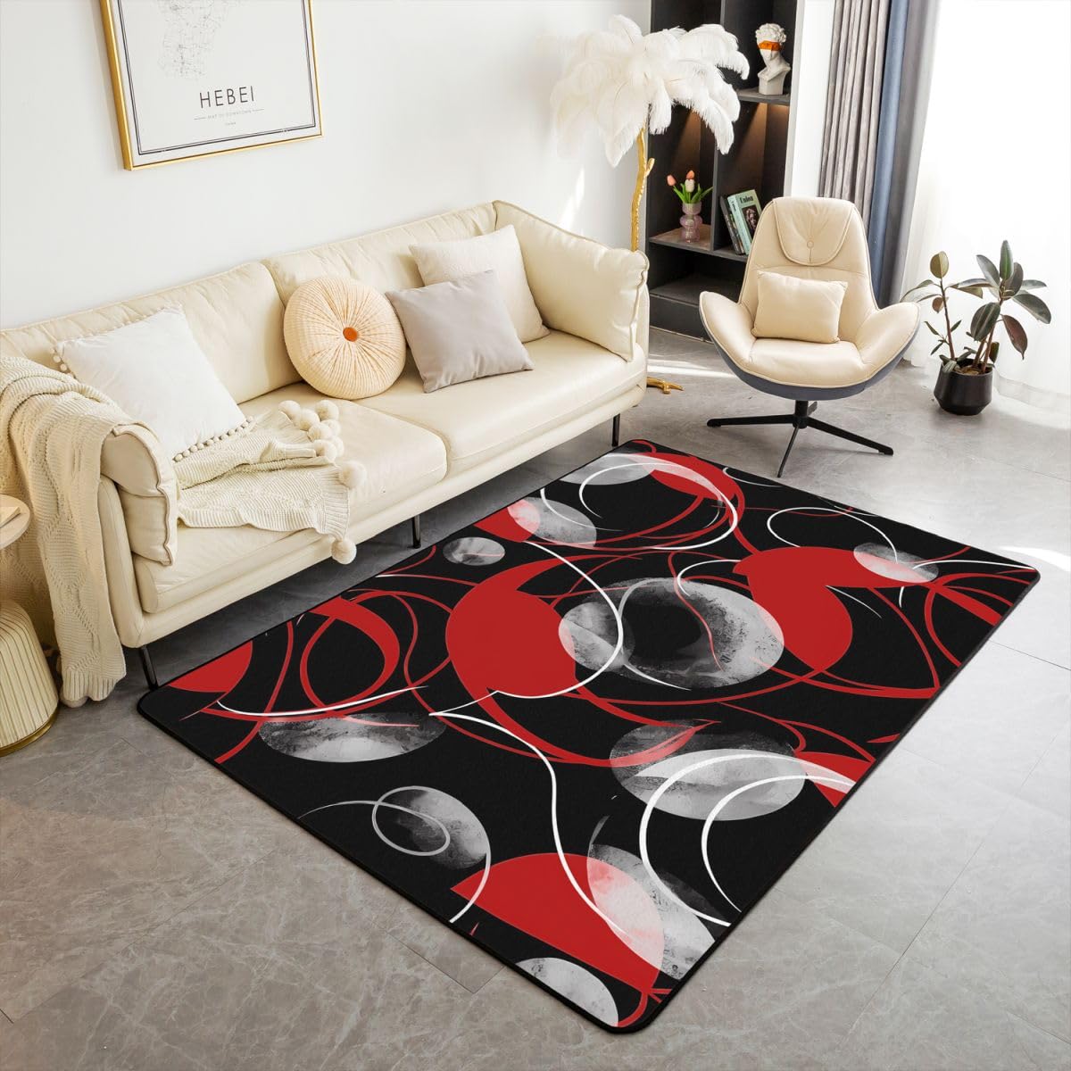 Loussiesd Tapis de Salon 100x150cm Rouge Noir Tapis Chambre Résumé Art Modernee Moderne,Doux,Lavable Géométrique Idéal pour Salon et Chambre Antidérapant