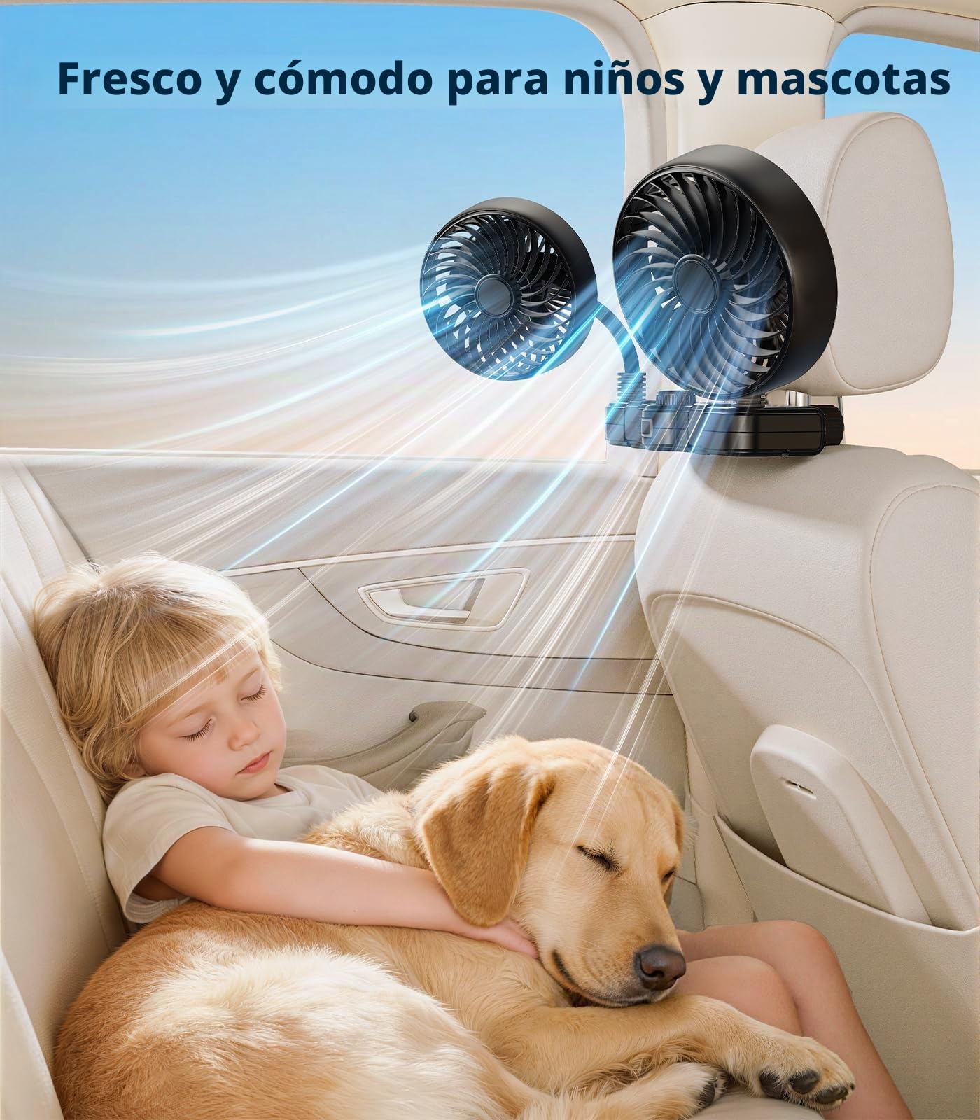 Ventilador recargable de 3000 mAh de doble manguera 360 para coche, SUV, RV, camioneta, reposacabezas de vehículo, ventilador de asiento de coche para bebés y niños, orientación trasera