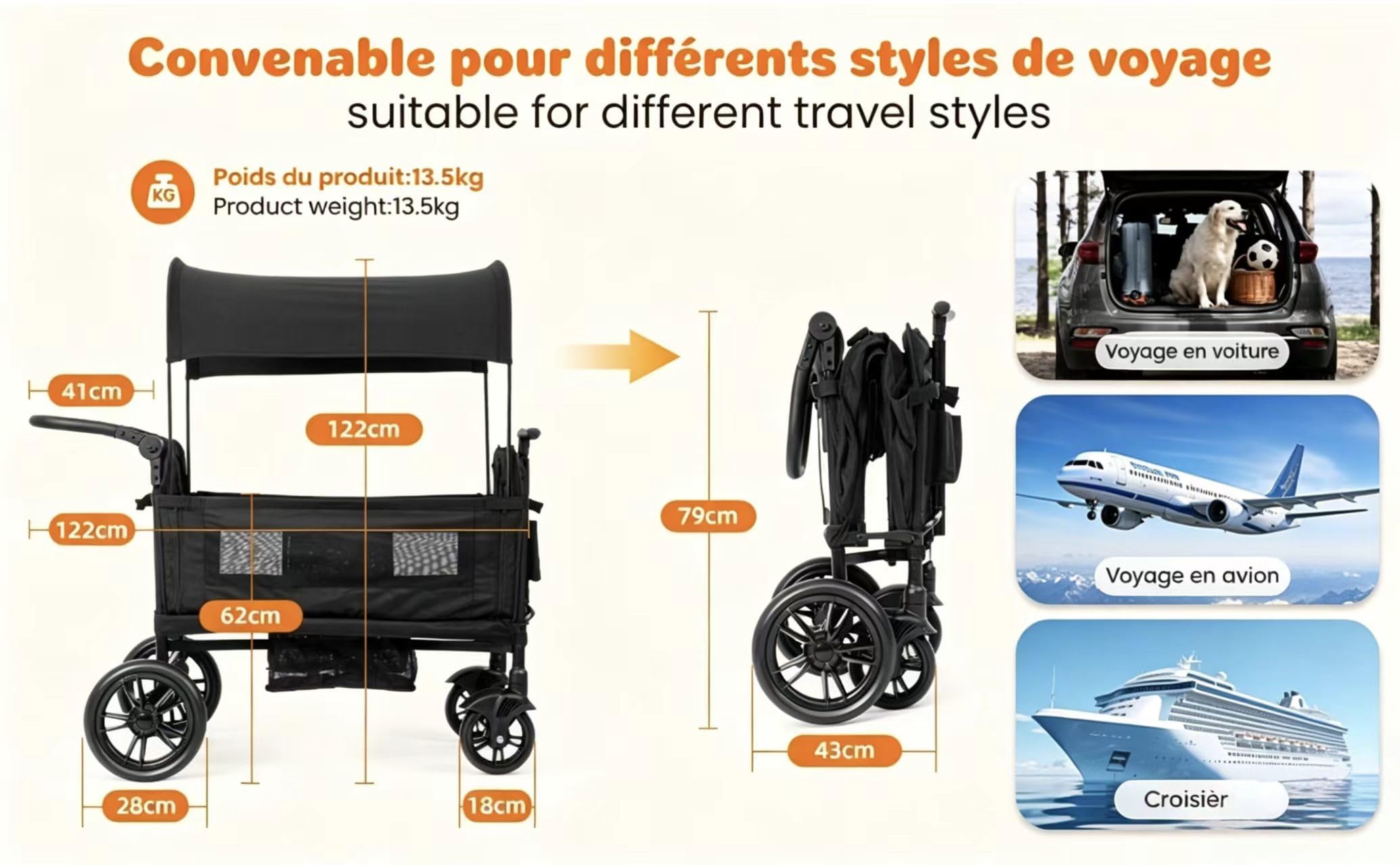 Chariot Enfant 2 Places Pliable Noir pour Vacances Plage, Harnais 5 Points de Sécurité, Toit Pare-Soleil, Poignée 8 Hauteurs Réglable, Roues EVA Silencieuses, Tablette Intégrée