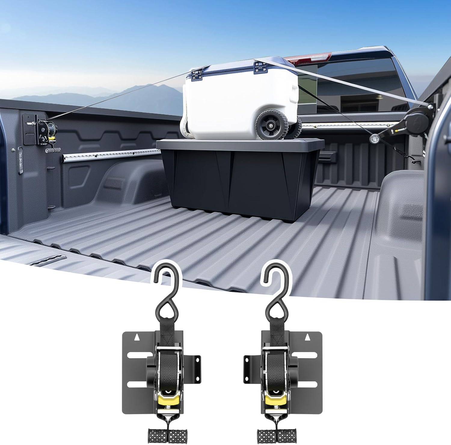 2PCS Ultimate Retractable Ratchet Straps Compatible with 2019-2025 Chevy Silverado/GMC Sierra 1500 Accessories, Bed Mount Bolt on Securing Self Retracting Tie Down Straps