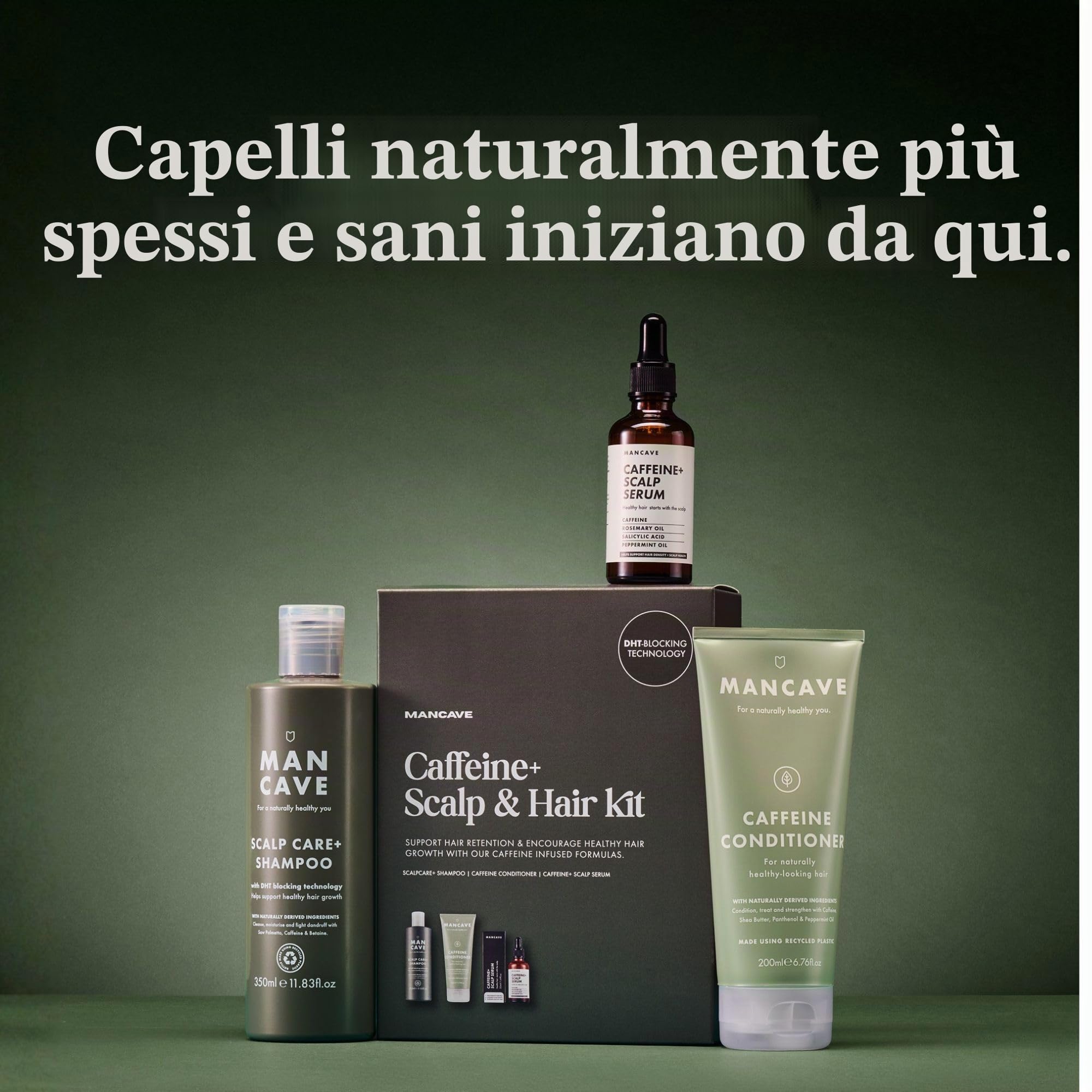 ManCave Caffeine+ Scalp & Hair Kit, kit per la cura dei capelli e del cuoio capelluto più sani, shampoo per la cura del cuoio capelluto, balsamo alla caffeina e siero per il cuoio capelluto Caffeine+