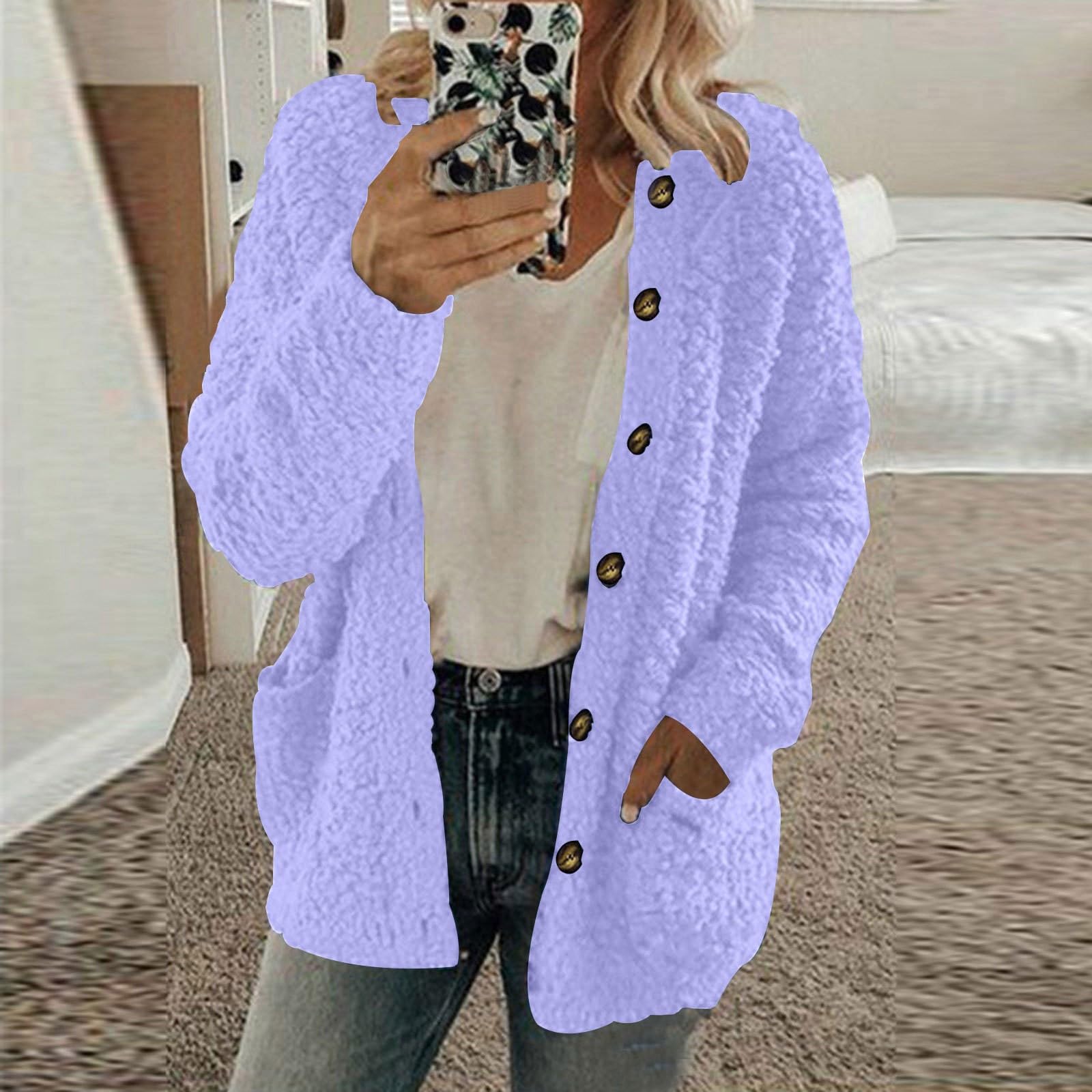 Cocila Veste D'hiver DéContractéE Pour Femmes Couleur Unie Avec Poches à Boutons Manteau Hiver Cuire En Peau Veste Kaki Jean BrodéE Fourrure Lapin Doudoune Mi Saison Chaude Automne