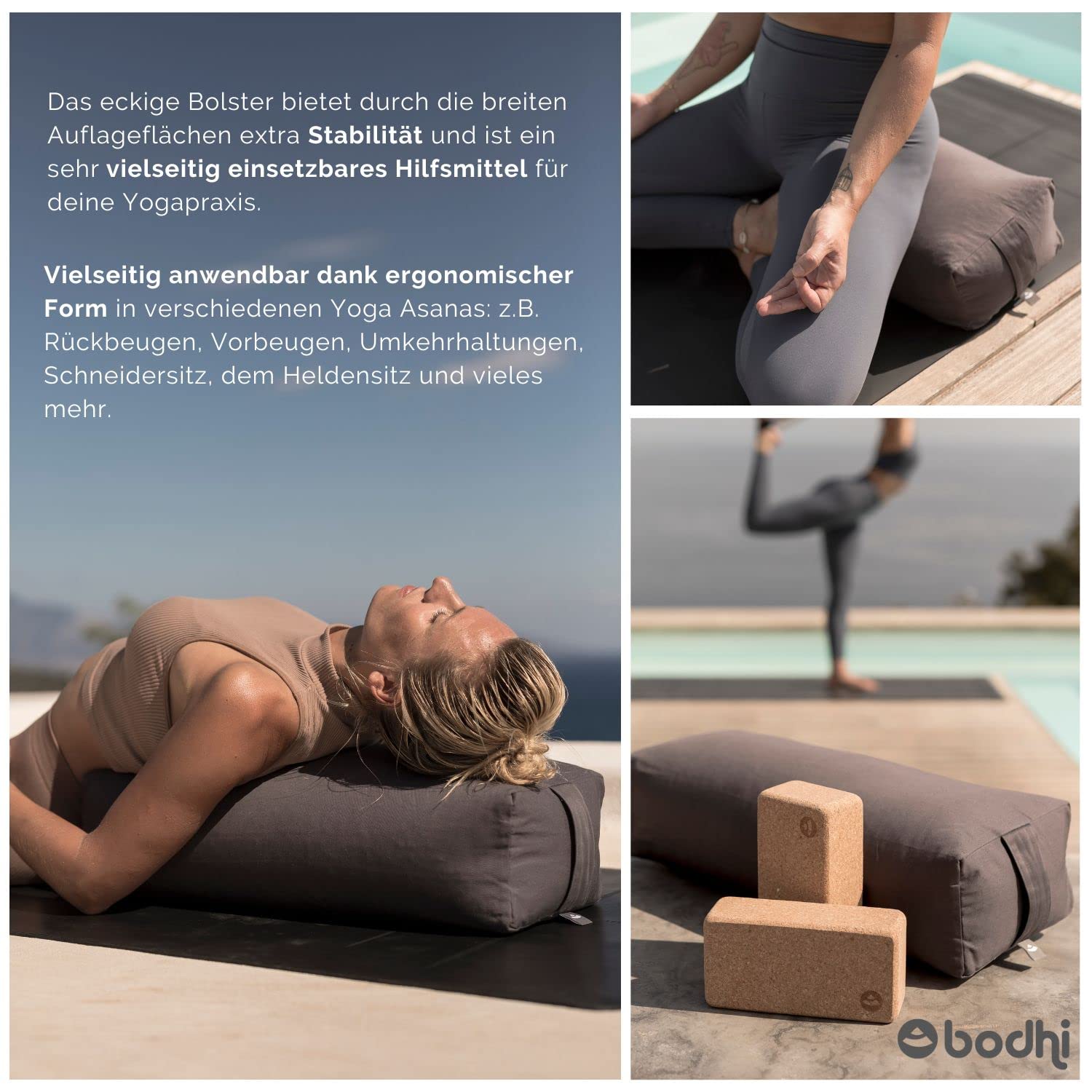 Bodhi Yoga Salamba Bolster Eco | Funda lavable de algodón 100% orgánico | Rollo de yoga rectangular con relleno de espelta orgánica | Cojín de yoga grande | Tamaño 63 x 26 x 20 cm (antracita)