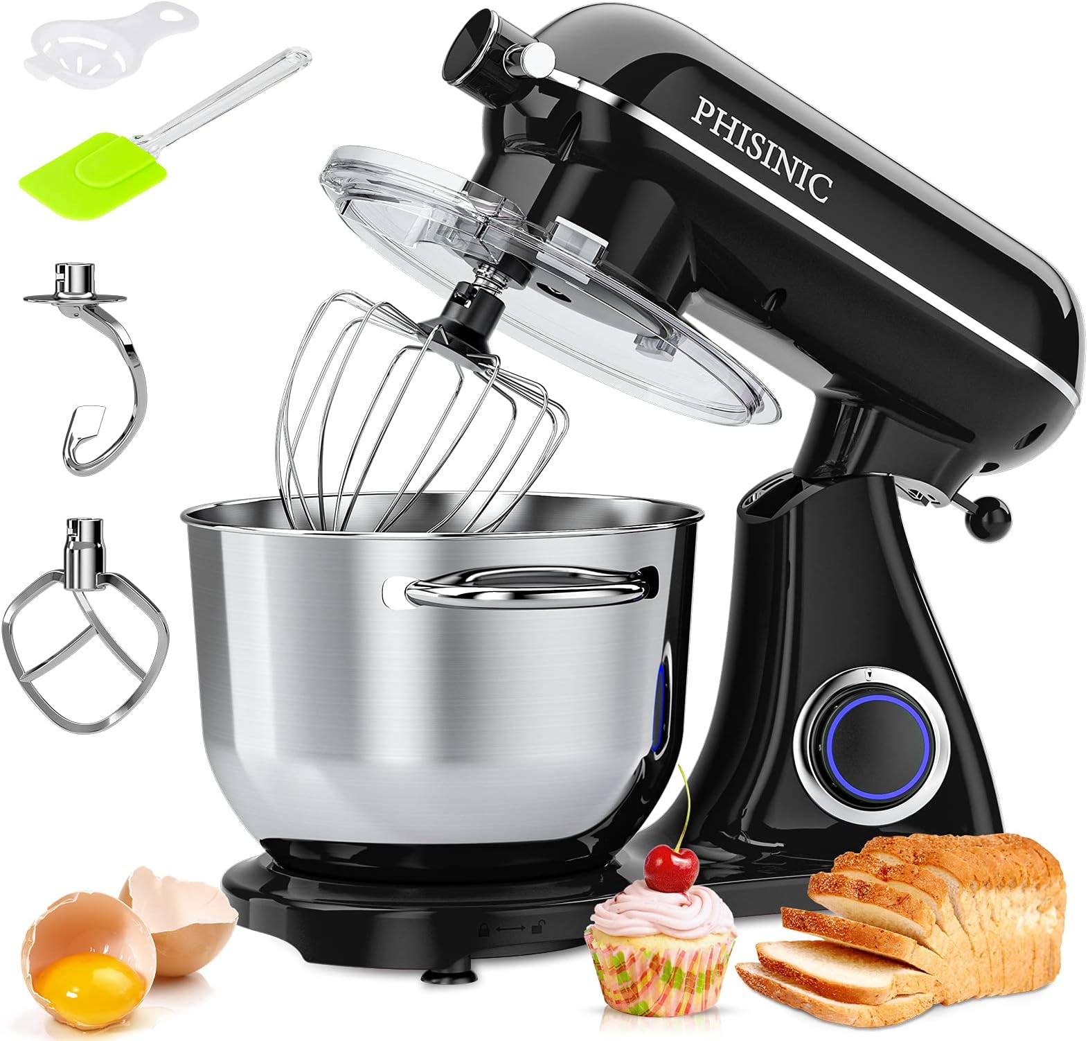 PHISINIC Food Stand Mixer, 6.5L 1800W Kitchen Electric Mixer with Power Hub for Attachment, All Metal Die-cast Aluminum Mixer with Bowl, Dough Hook, Whisk, Beater(Dishwasher Safe) - Black